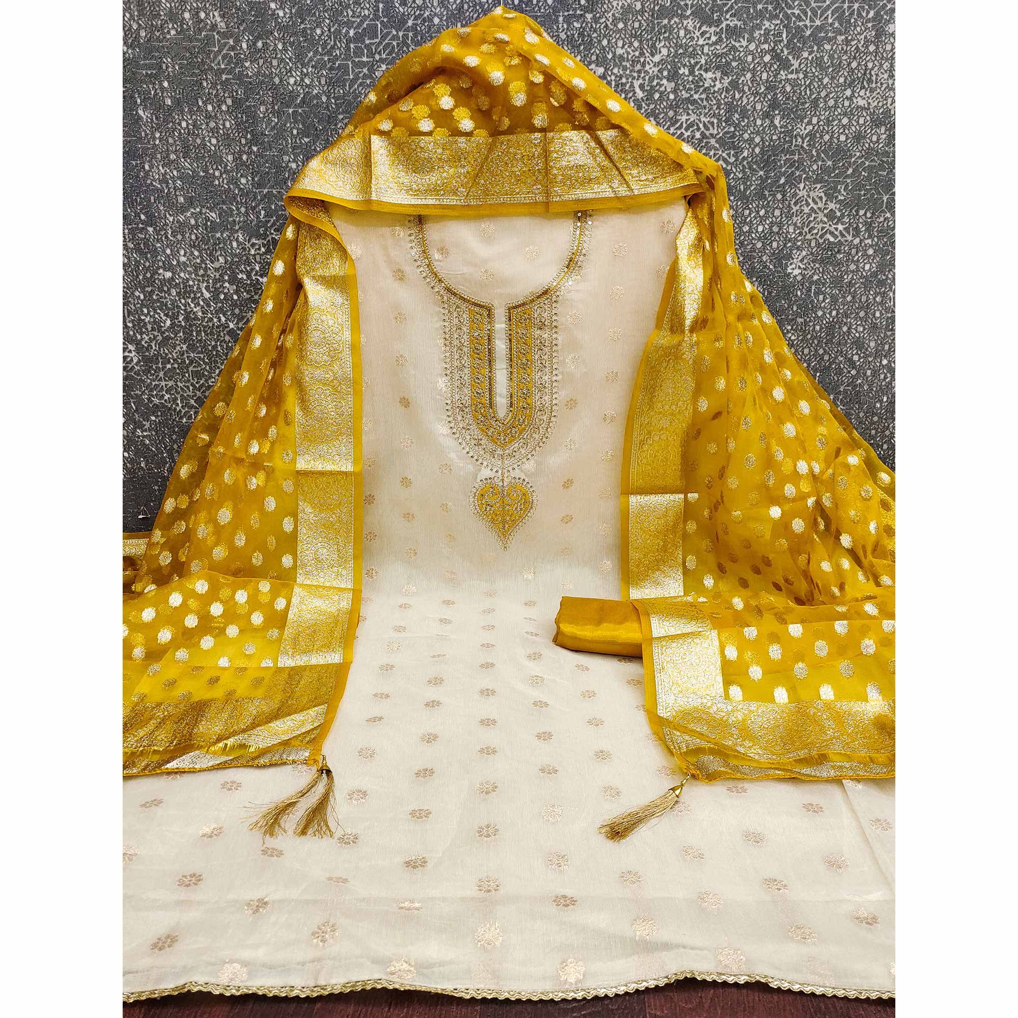 Graceful Cream & Mustard Butti Weaving Shimmer Dress Material Adorned With Cording Embroidery Work