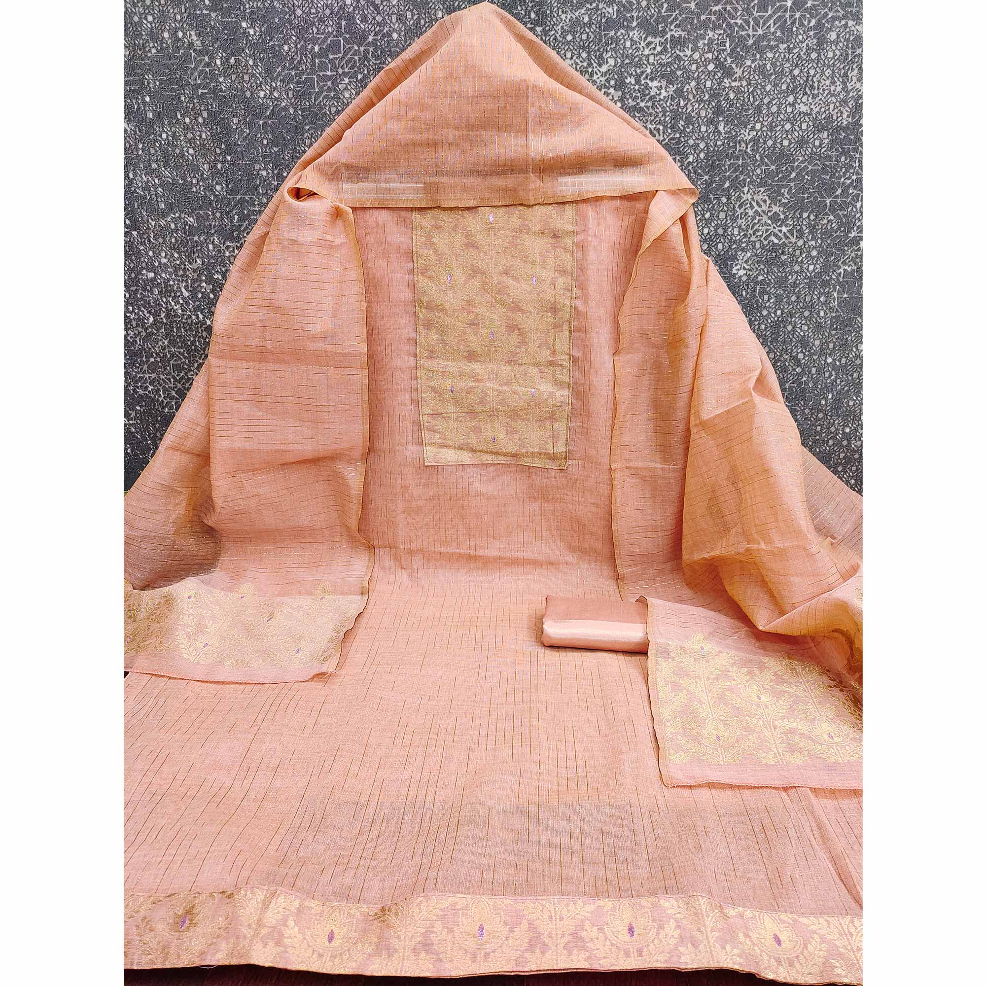 Premium Peach Floral Weaving Crafted Cotton Silk Jacquard Dress Material
