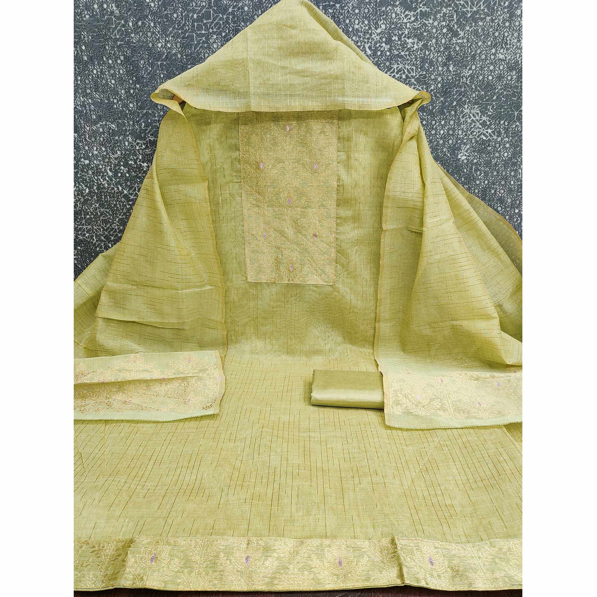 Premium Pista Green Floral Weaving Crafted Cotton Silk Jacquard Dress Material