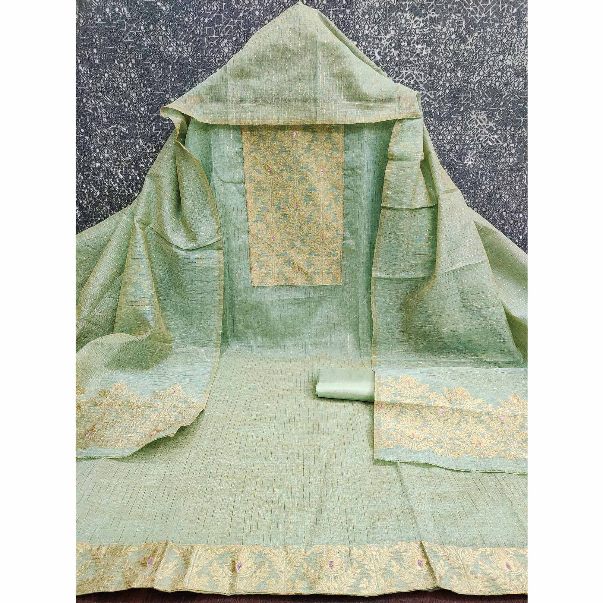 Premium Sea Green Floral Weaving Crafted Cotton Silk Jacquard Dress Material