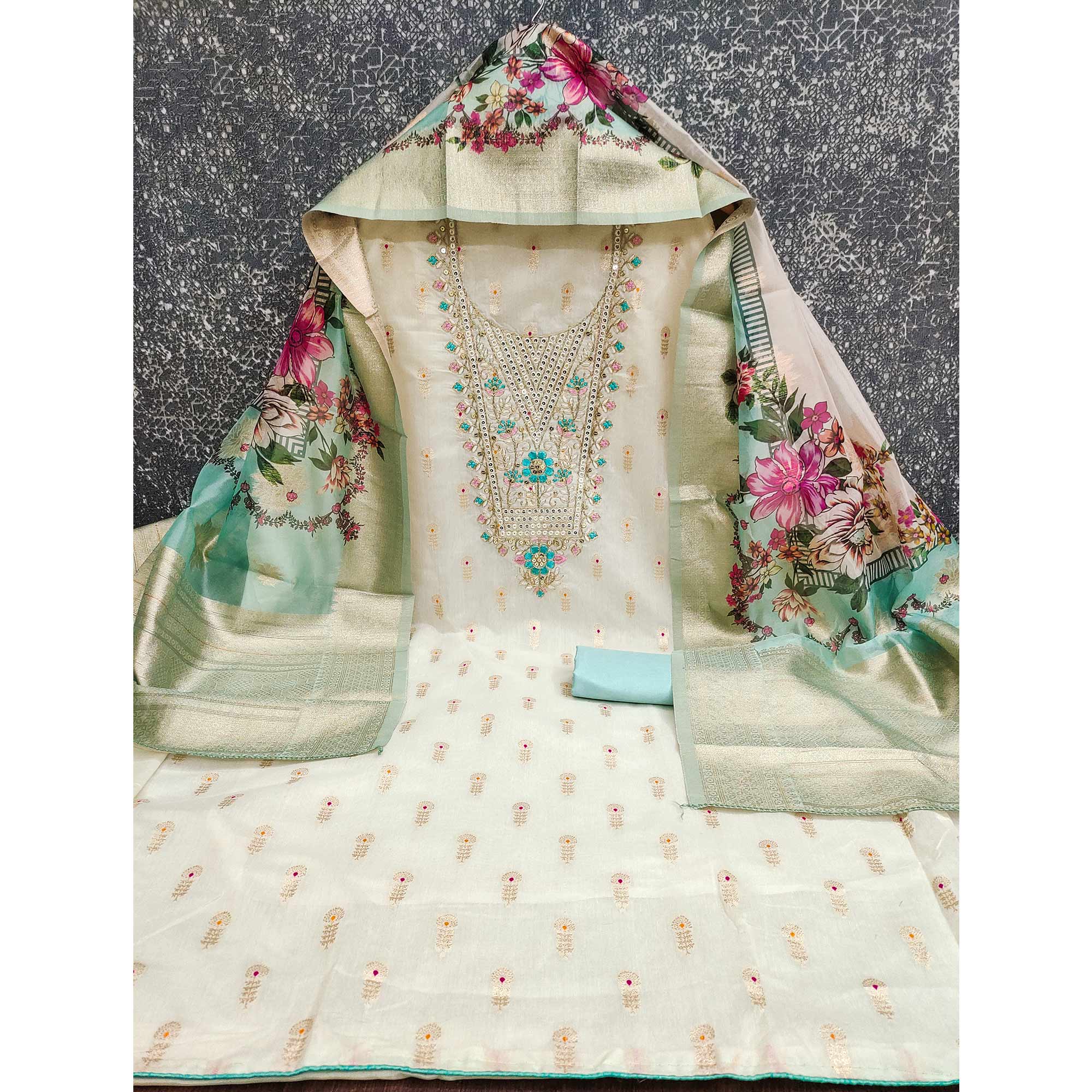 Offwhite & Blue Floral Woven With Sequins Cording Embroidery Meenakari Jacquard Dress Material