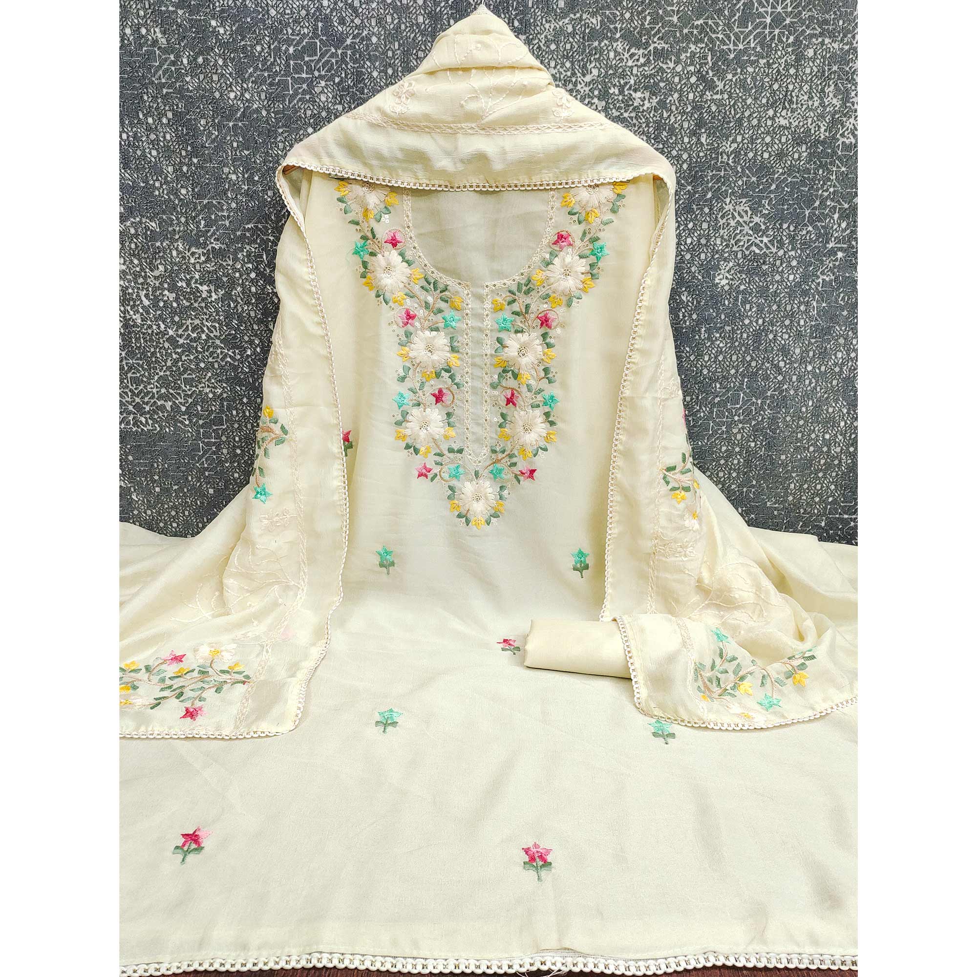 Stylish Offwhite Floral Thread & Sequins Detailed Embroidery Vichitra Silk Dress Material