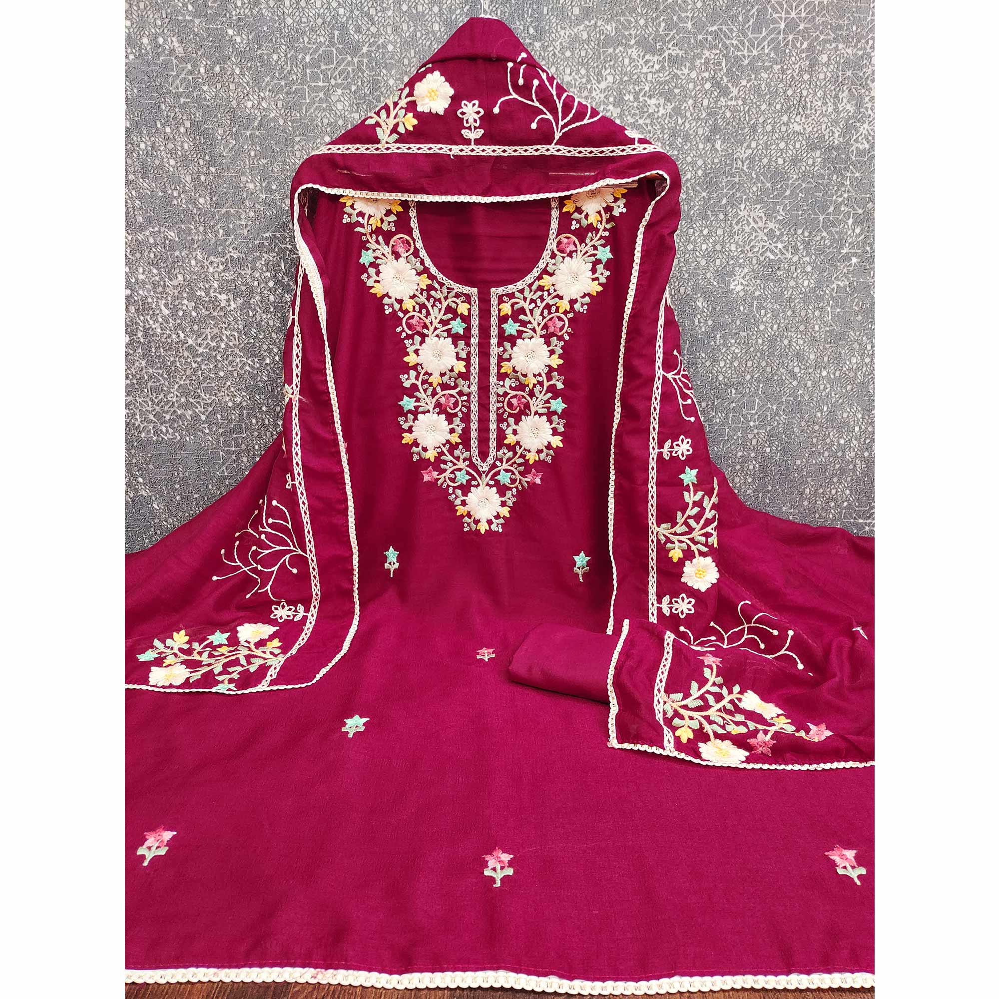 Stylish Rani Pink Floral Thread & Sequins Detailed Embroidery Vichitra Silk Dress Material