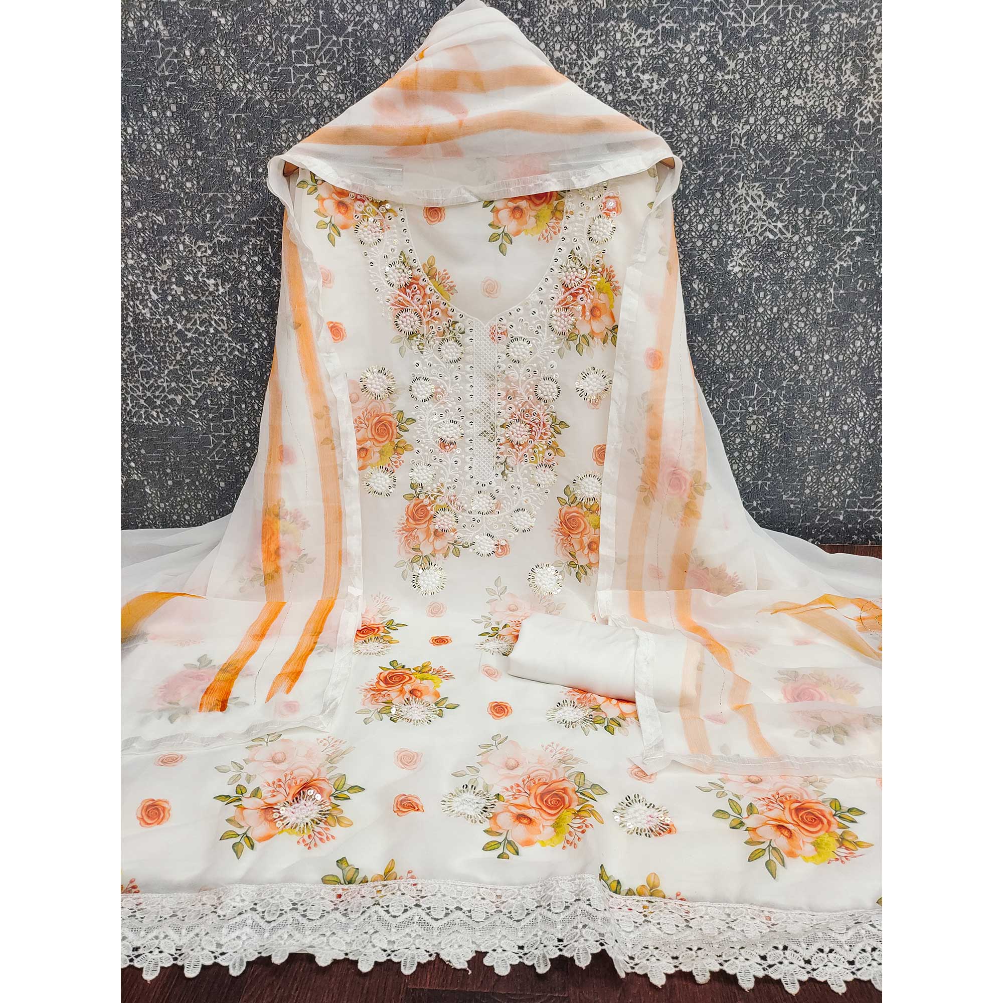 White & Orange Floral Sequins Embroidered Georgette Dress Material With Artistic Digital Prints