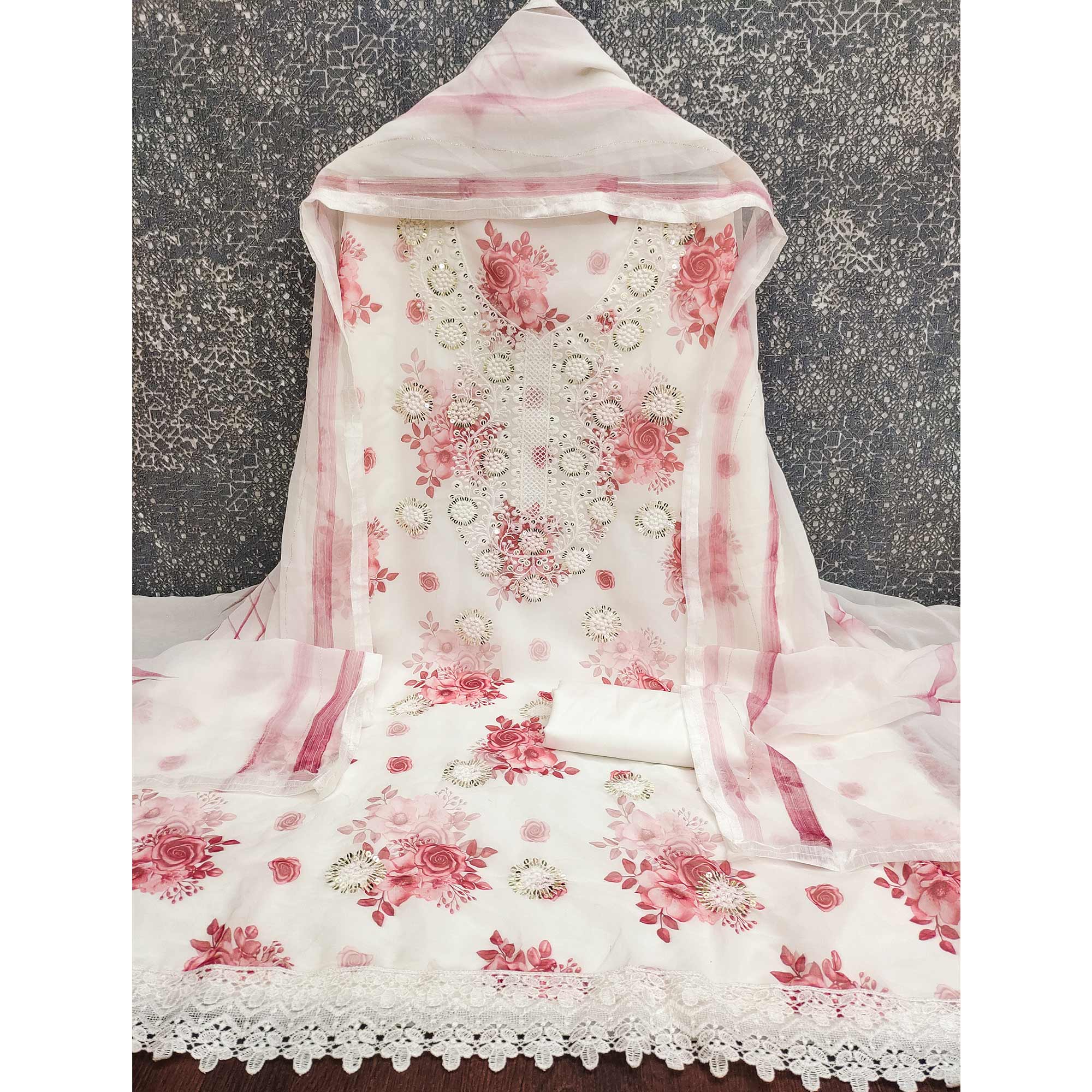 White & Peach Floral Sequins Embroidered Georgette Dress Material With Artistic Digital Prints