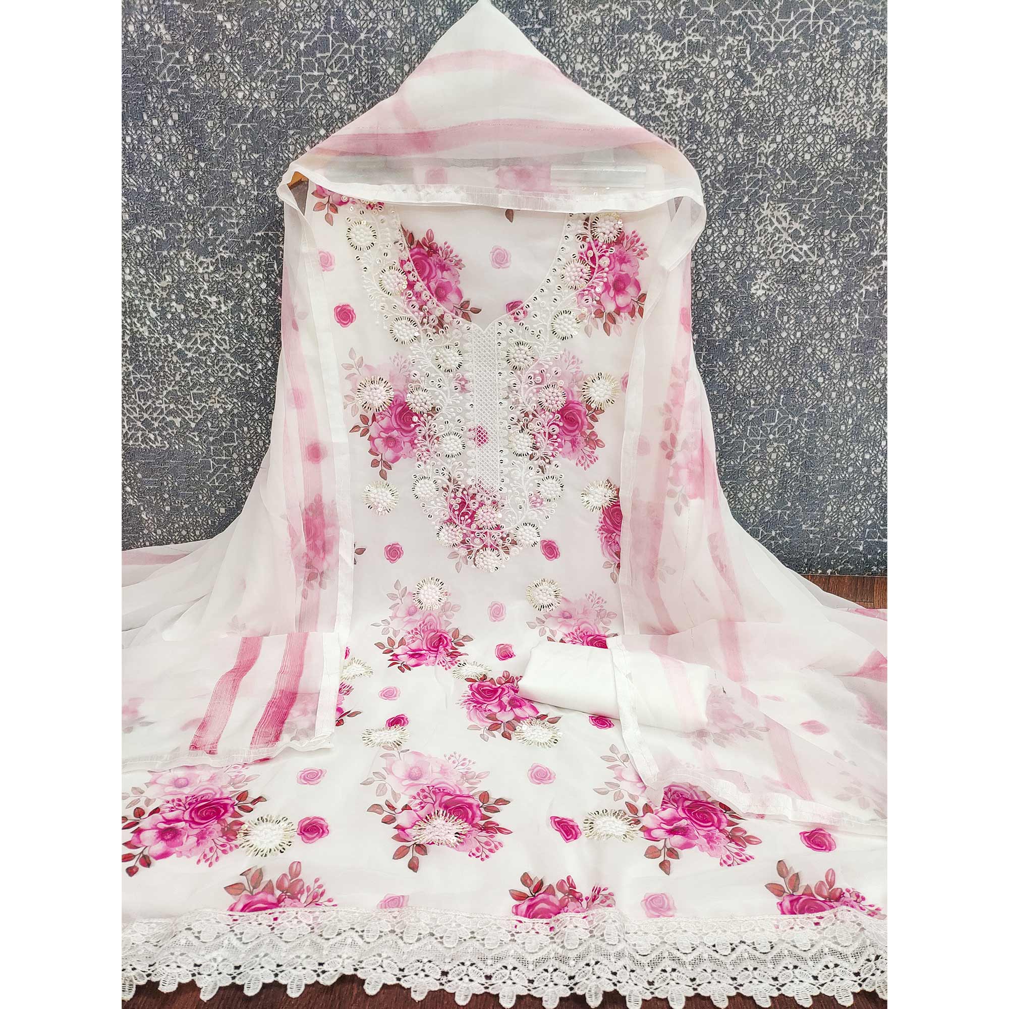 White & Pink Floral Sequins Embroidered Georgette Dress Material With Artistic Digital Prints