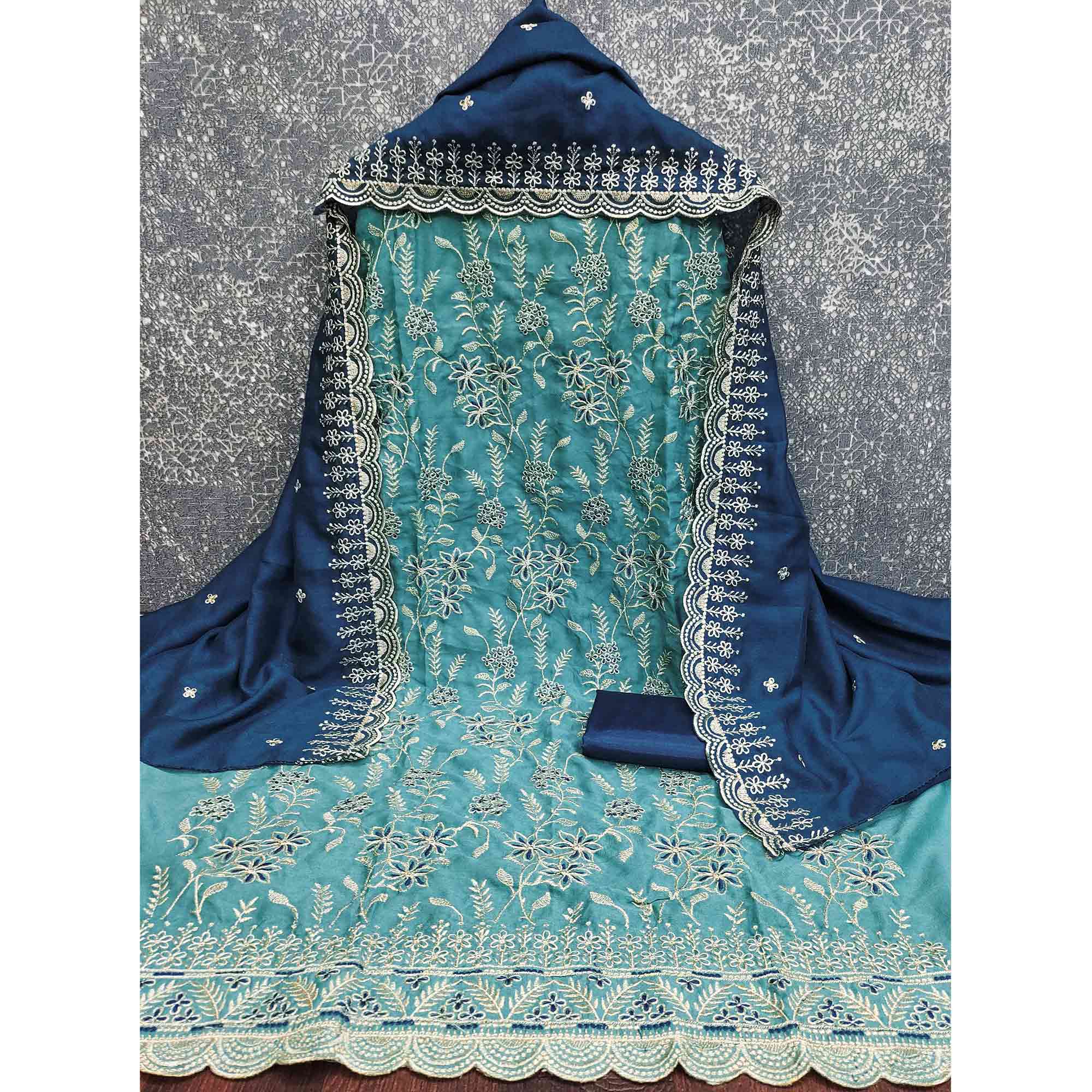 Graceful Blue Vichitra Silk Dress Material Adorned With Intricate Floral Thread Embroidery