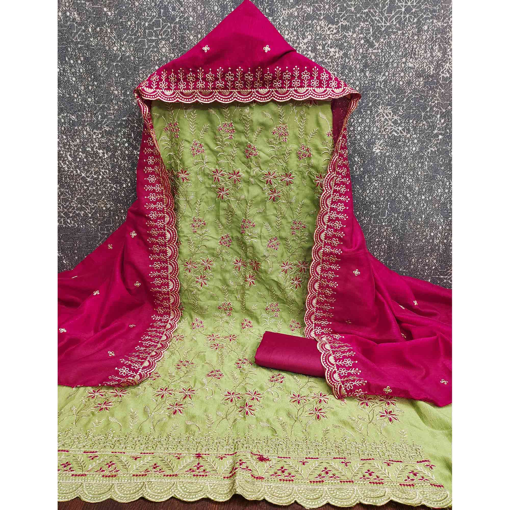 Graceful Green Vichitra Silk Dress Material Adorned With Intricate Floral Thread Embroidery