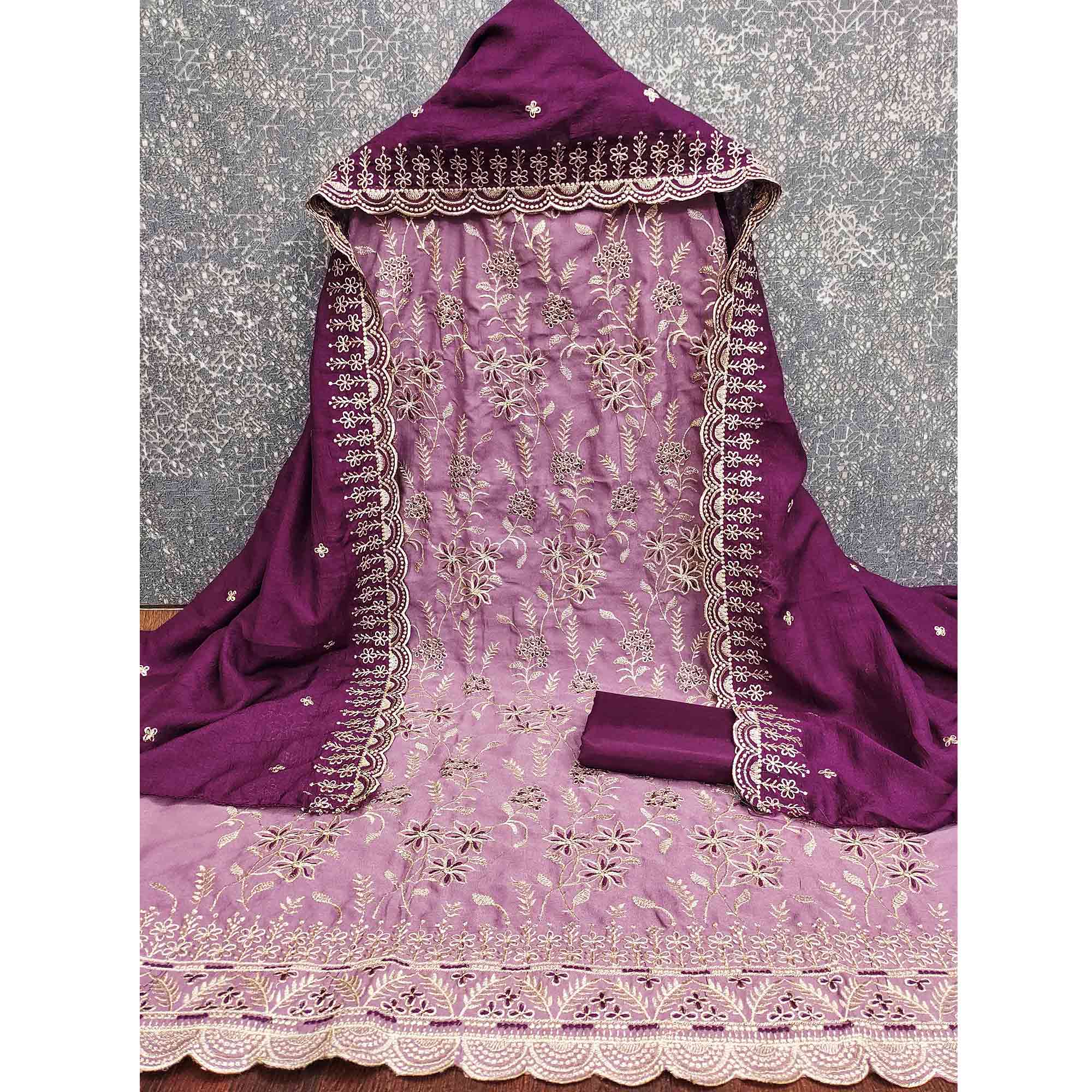 Graceful Purple Vichitra Silk Dress Material Adorned With Intricate Floral Thread Embroidery