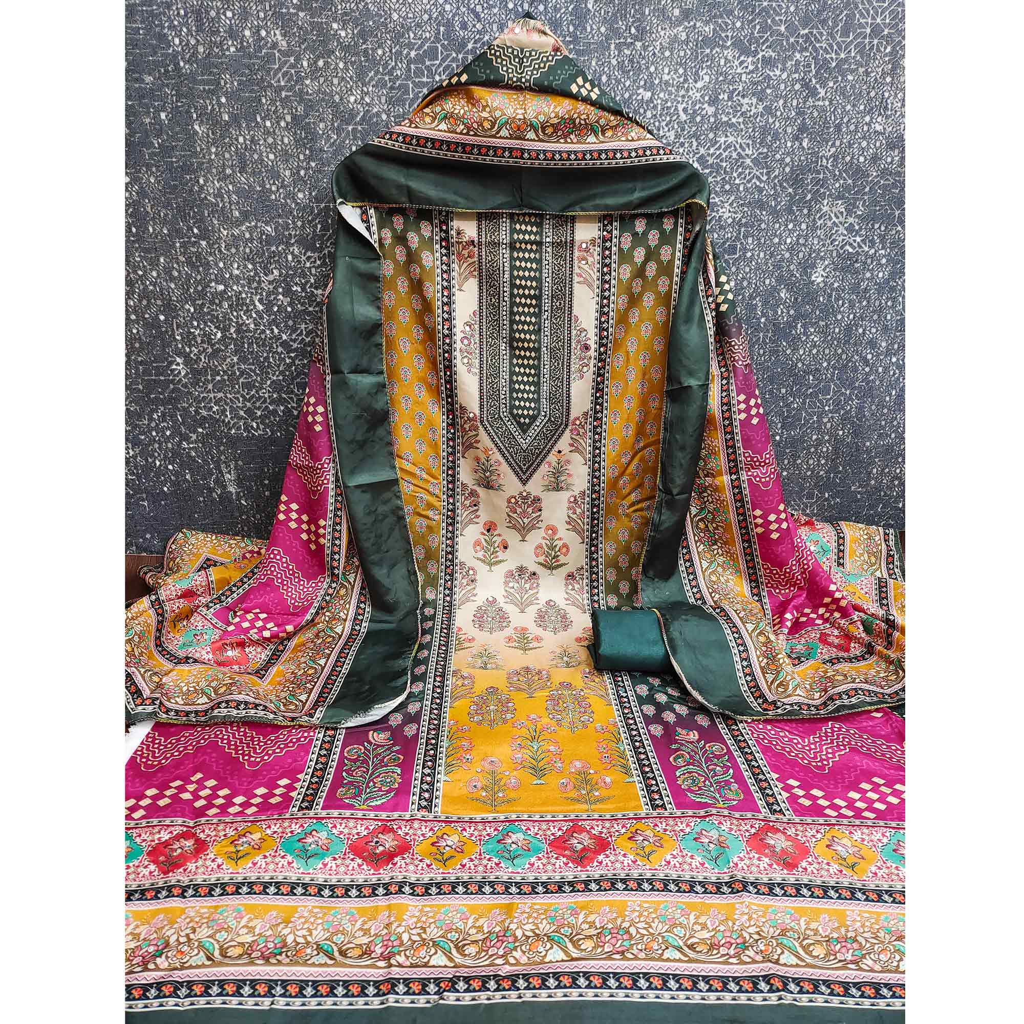 Elegant Dark Green Floral Digital Printed Crepe Dress Material With Mirror Work