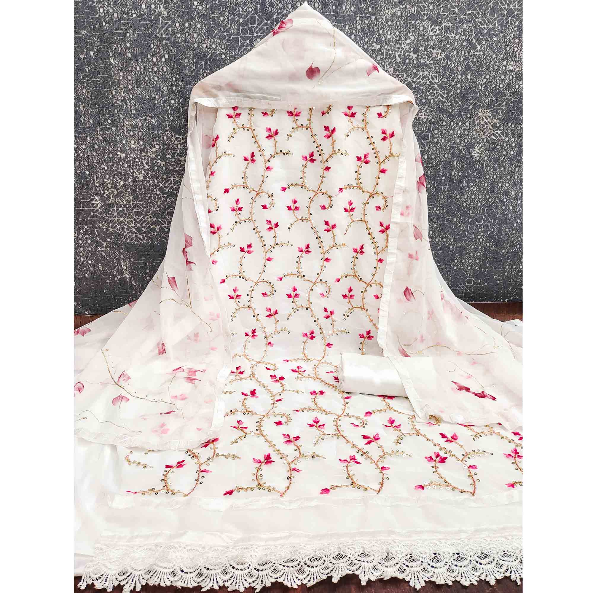 Classic White Georgette Dress Material With Floral Embroidery & Shimmering Sequins Work