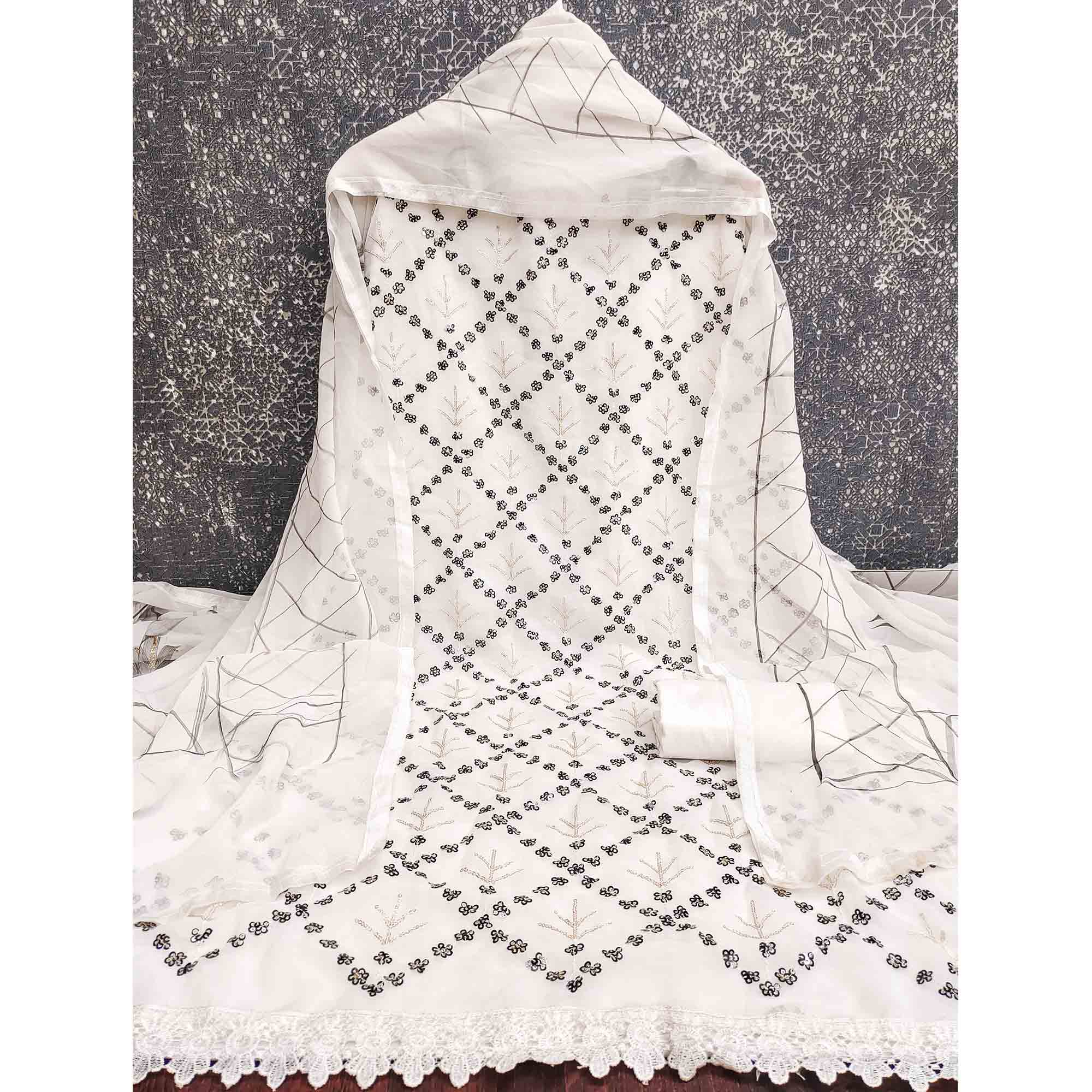 Graceful White Floral Embroidered Georgette Dress Material With Sequins Work