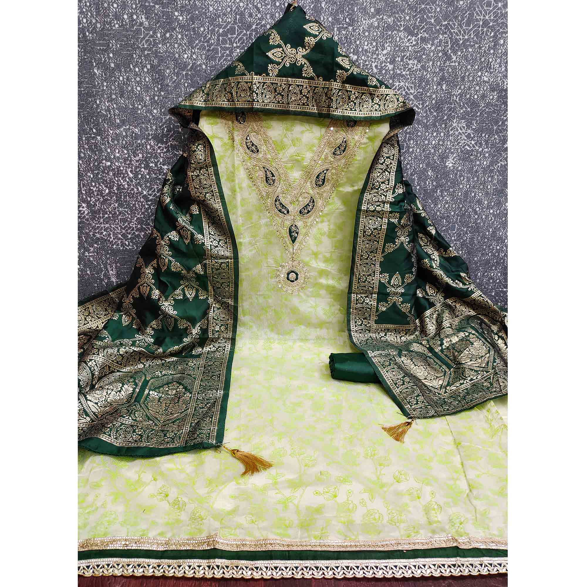 Classic Green Floral Printed Chanderi Silk Dress Material With Intricate Cording Embroidery