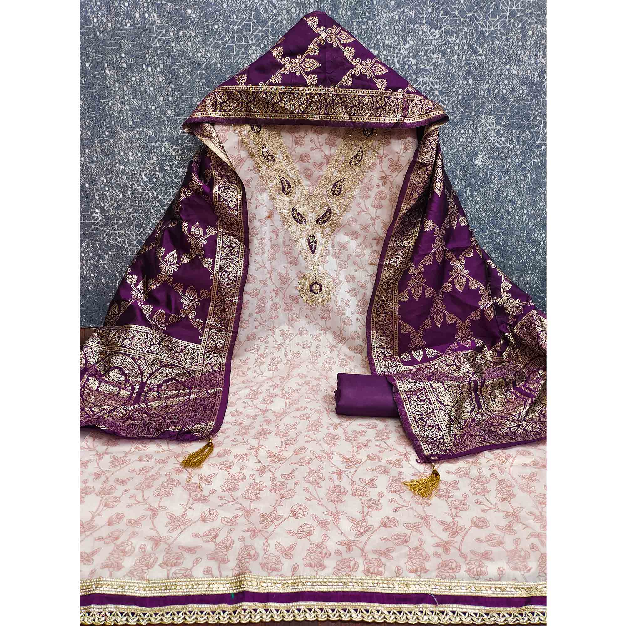 Classic Onion Pink Floral Printed Chanderi Silk Dress Material With Intricate Cording Embroidery