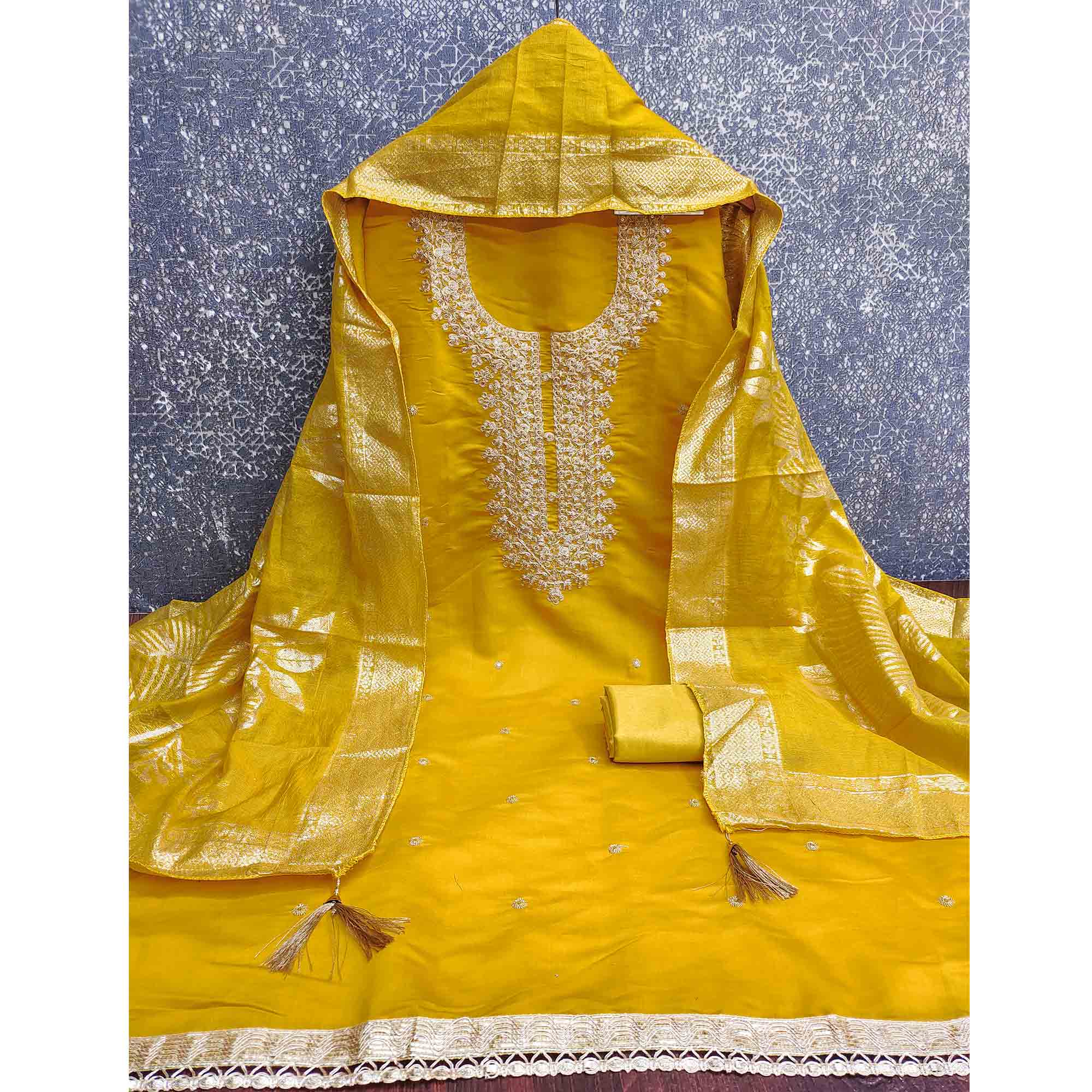 Vibrant Mustard Floral Cording Embroidery Silk Blend Dress Material Adorned With Sequins Work