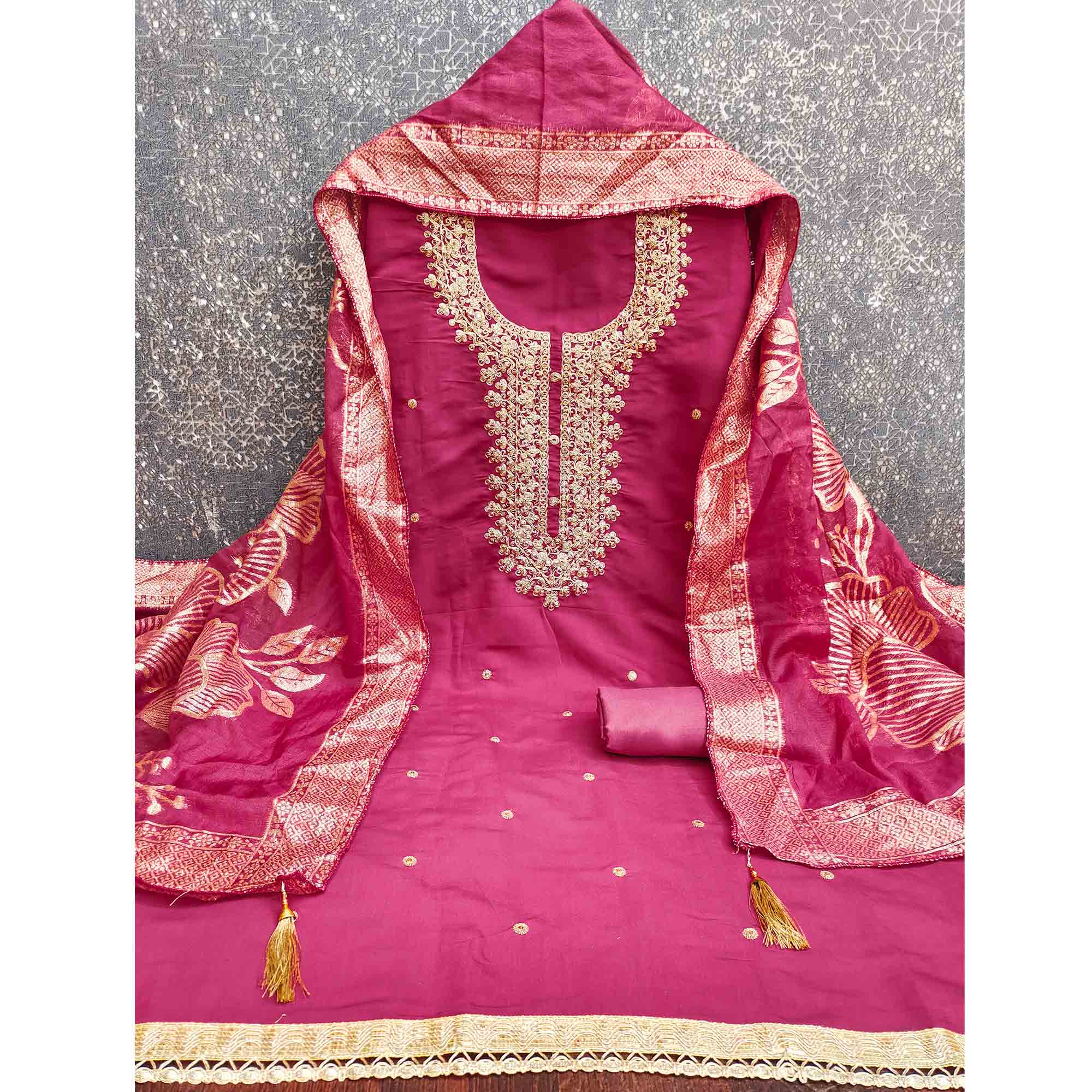 Vibrant Rani Pink Floral Cording Embroidery Silk Blend Dress Material Adorned With Sequins Work