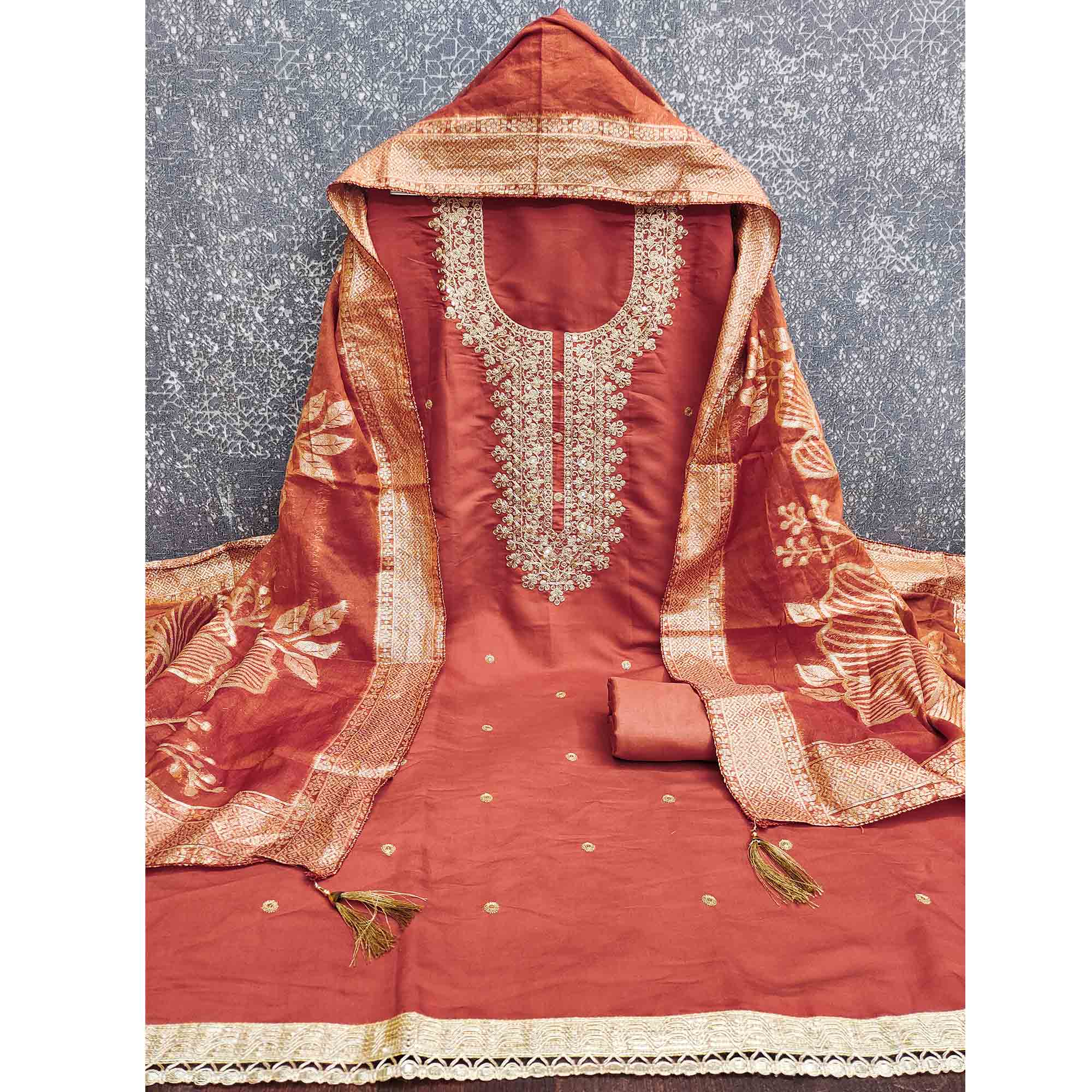 Vibrant Rust Floral Cording Embroidery Silk Blend Dress Material Adorned With Sequins Work