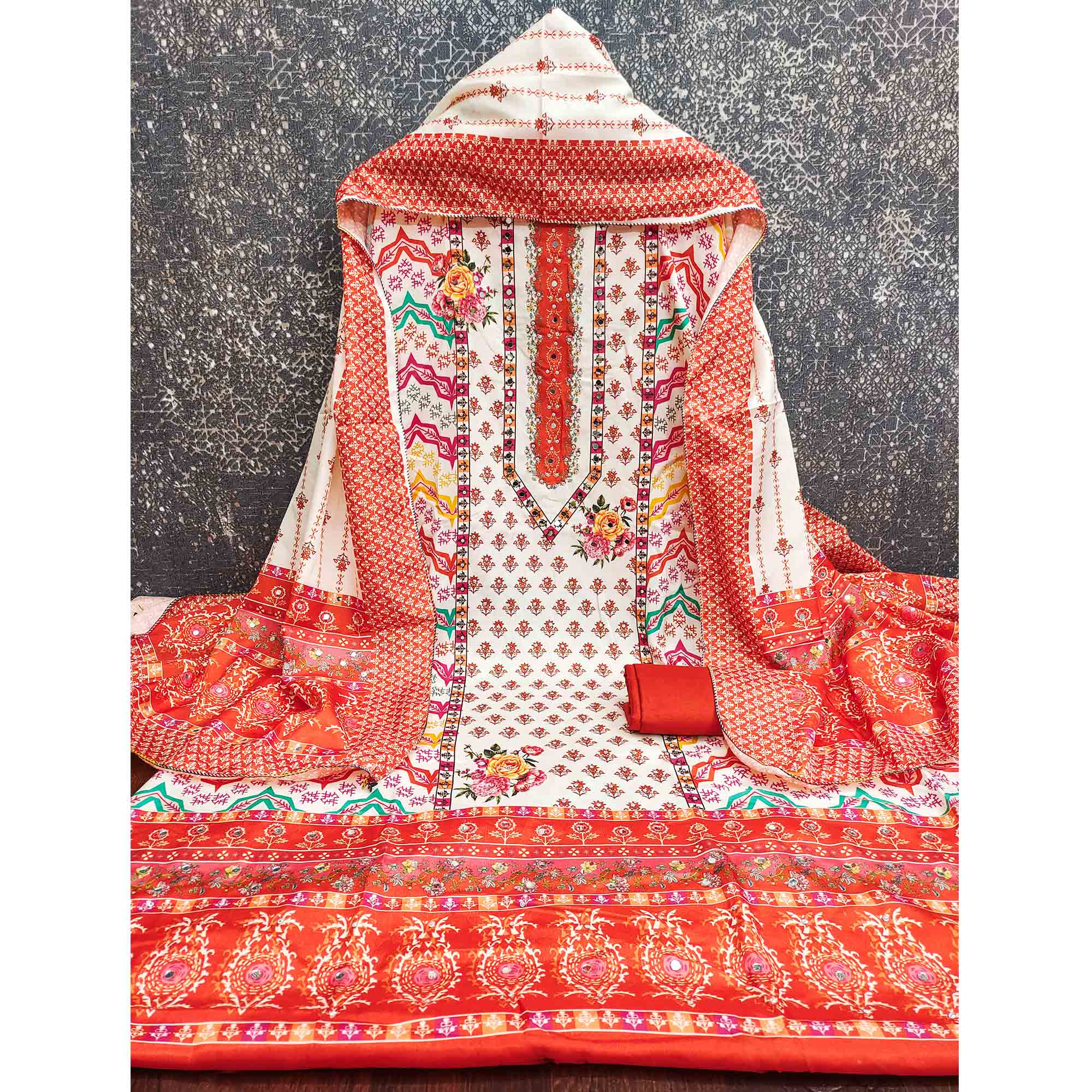 Orange Crepe Dress Material With Vibrant Floral Digital Print & Mirror Embellishment