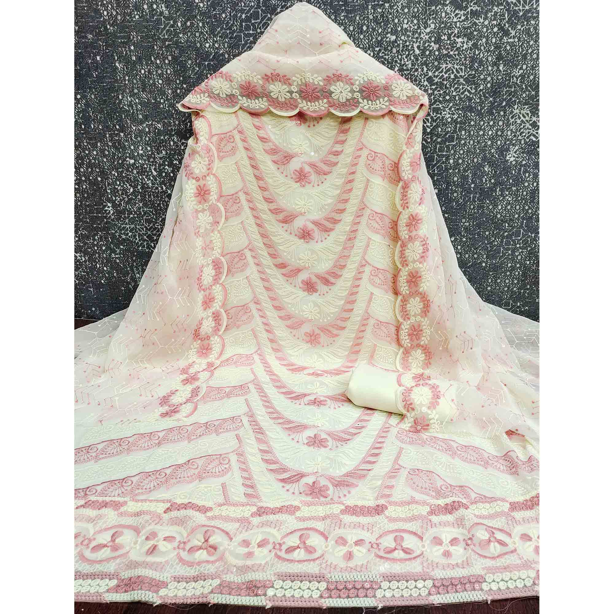 Cream & Pink Heavy Embroidered Georgette Dress Material Enhanced with Floral Resham Dupatta