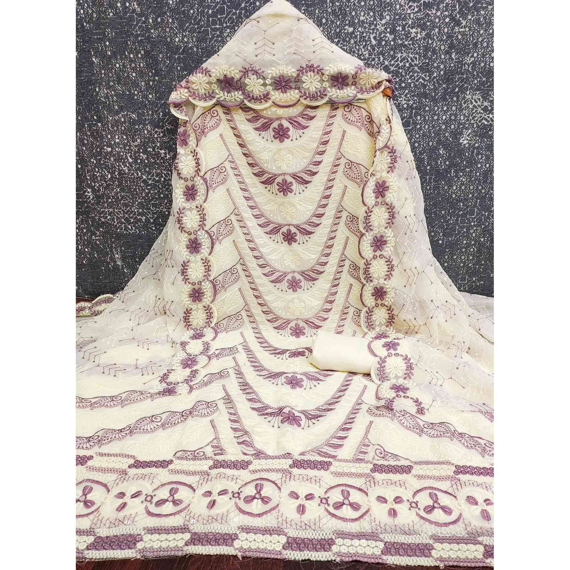 Cream & Purple Heavy Embroidered Georgette Dress Material Enhanced with Floral Resham Dupatta