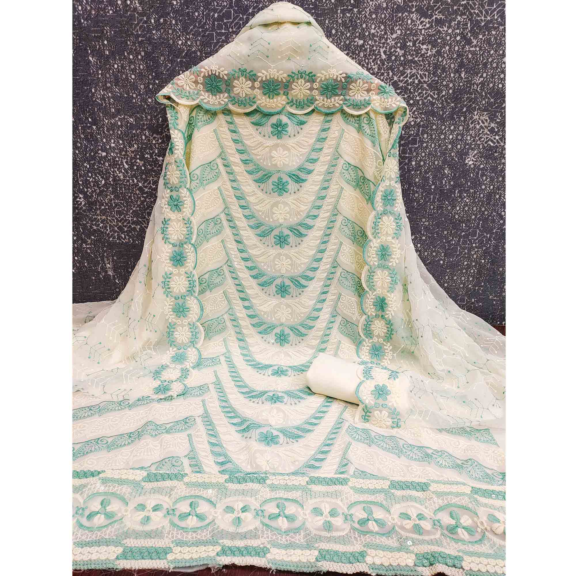 Cream & Rama Green Heavy Embroidered Georgette Dress MaterialEnhanced with Floral Resham Dupatta