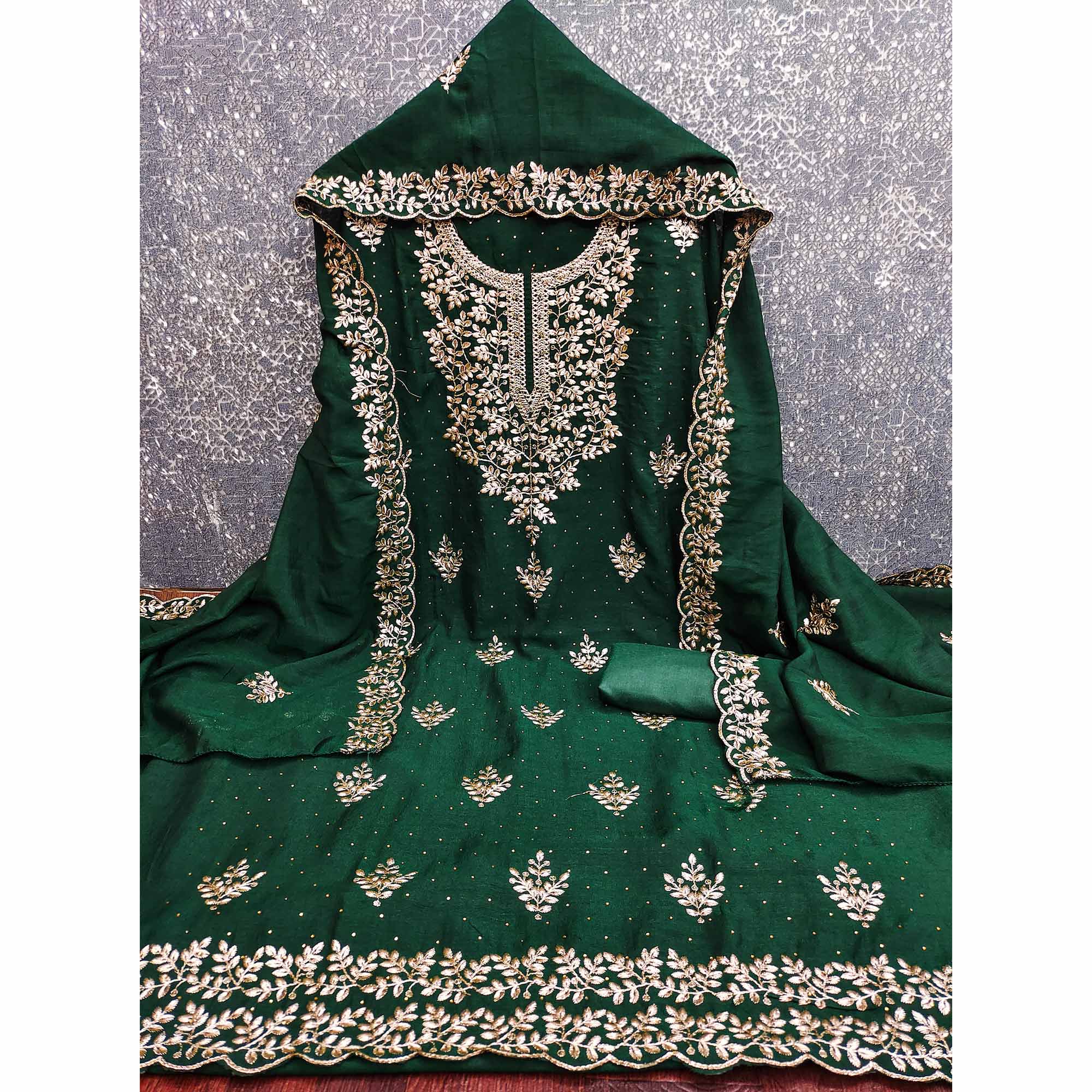 Green Floral Motif Vichitra Silk Dress Material Featuring Sequins Embroidery & Swarovski Work
