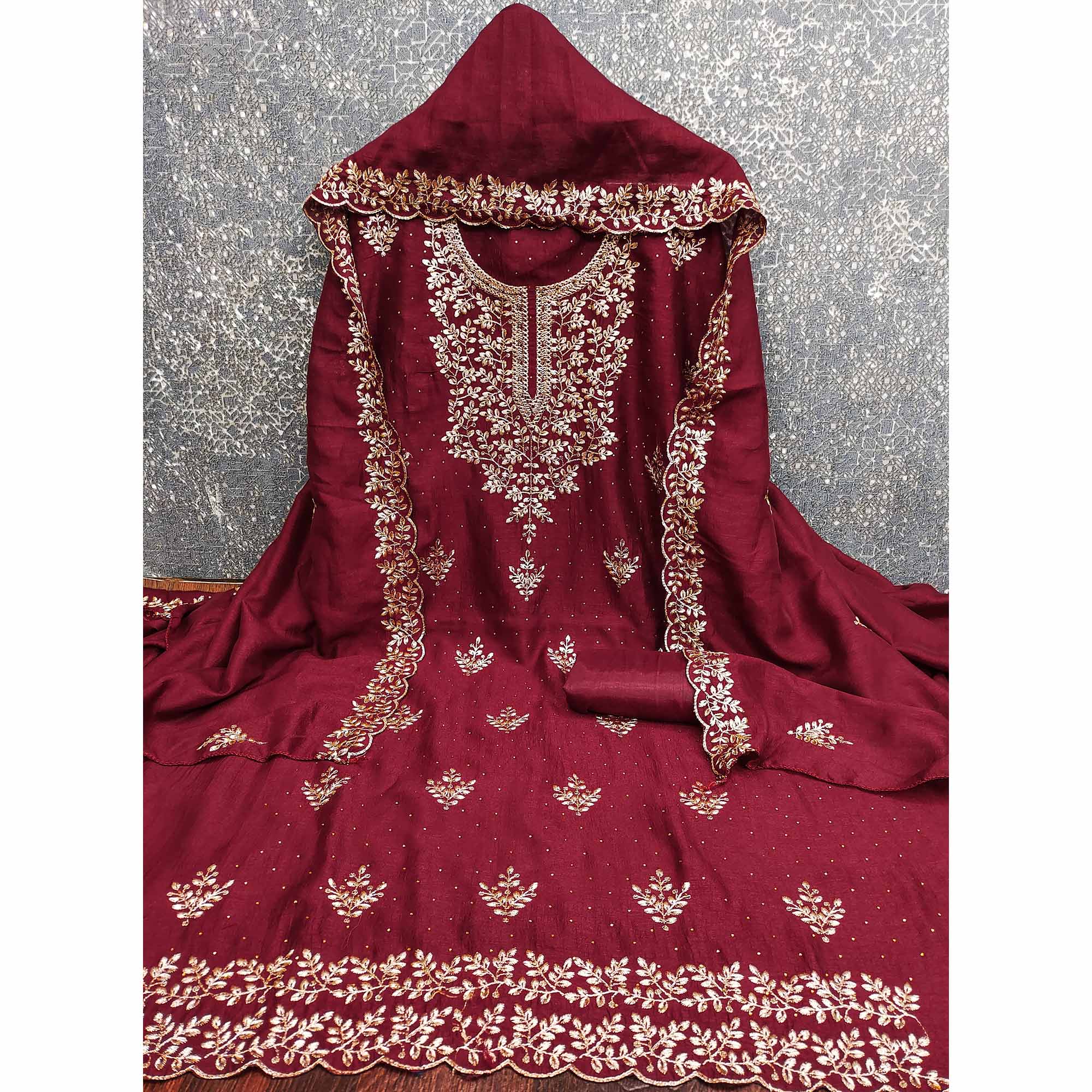 Maroon Floral Motif Vichitra Silk Dress Material Featuring Sequins Embroidery & Swarovski Work