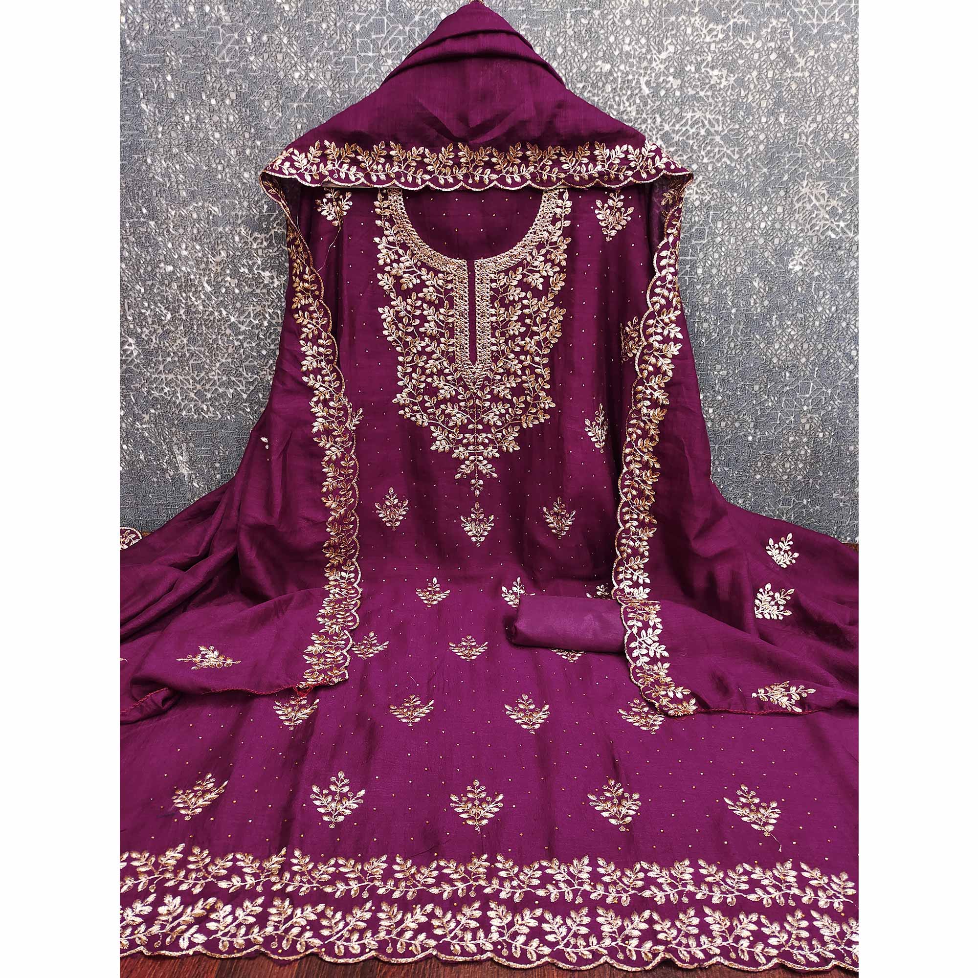 Purple Floral Motif Vichitra Silk Dress Material Featuring Sequins Embroidery & Swarovski Work