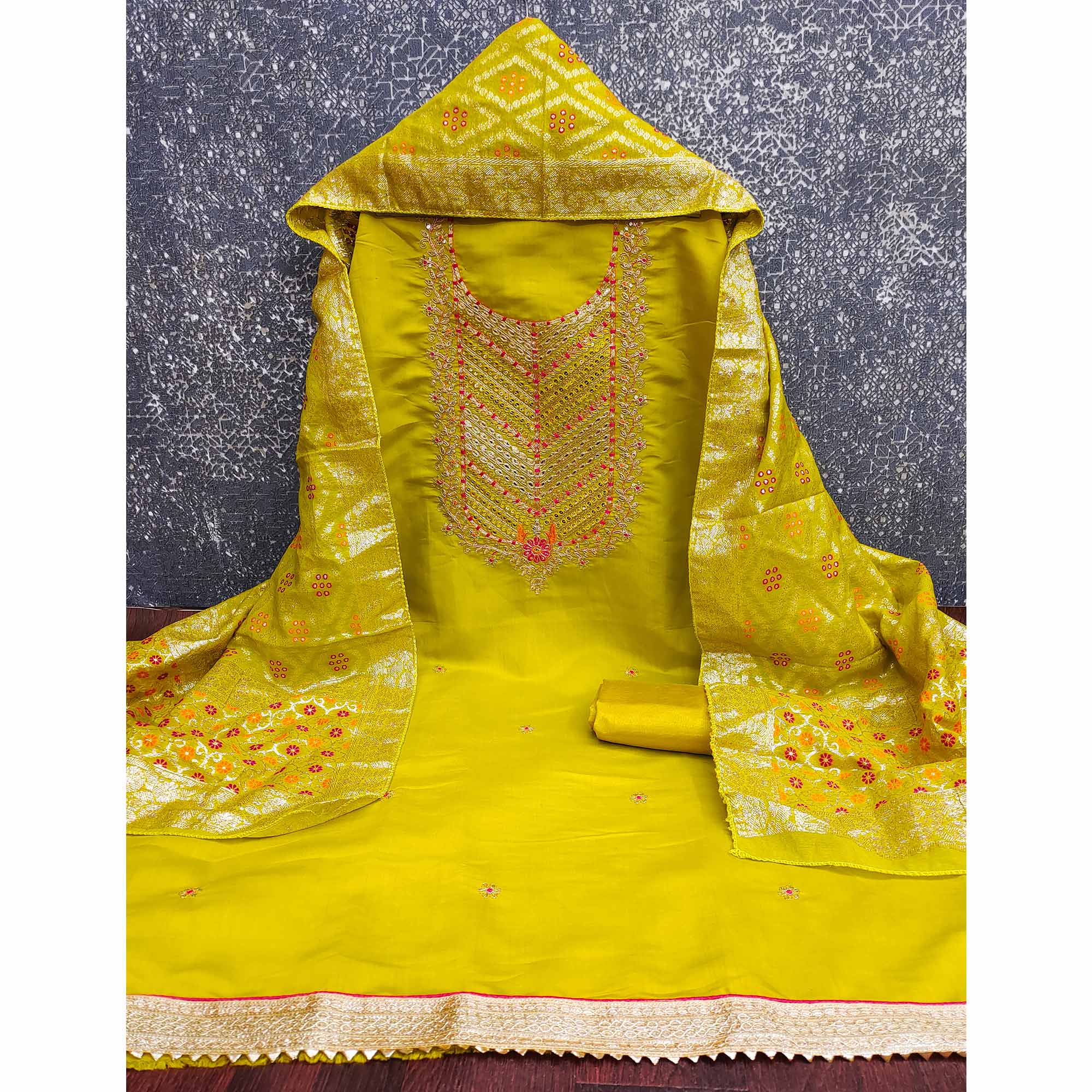 Lemon Yellow Silk Blend Dress Material Adorned With Floral Cording Embroidery & Elegant Sequins