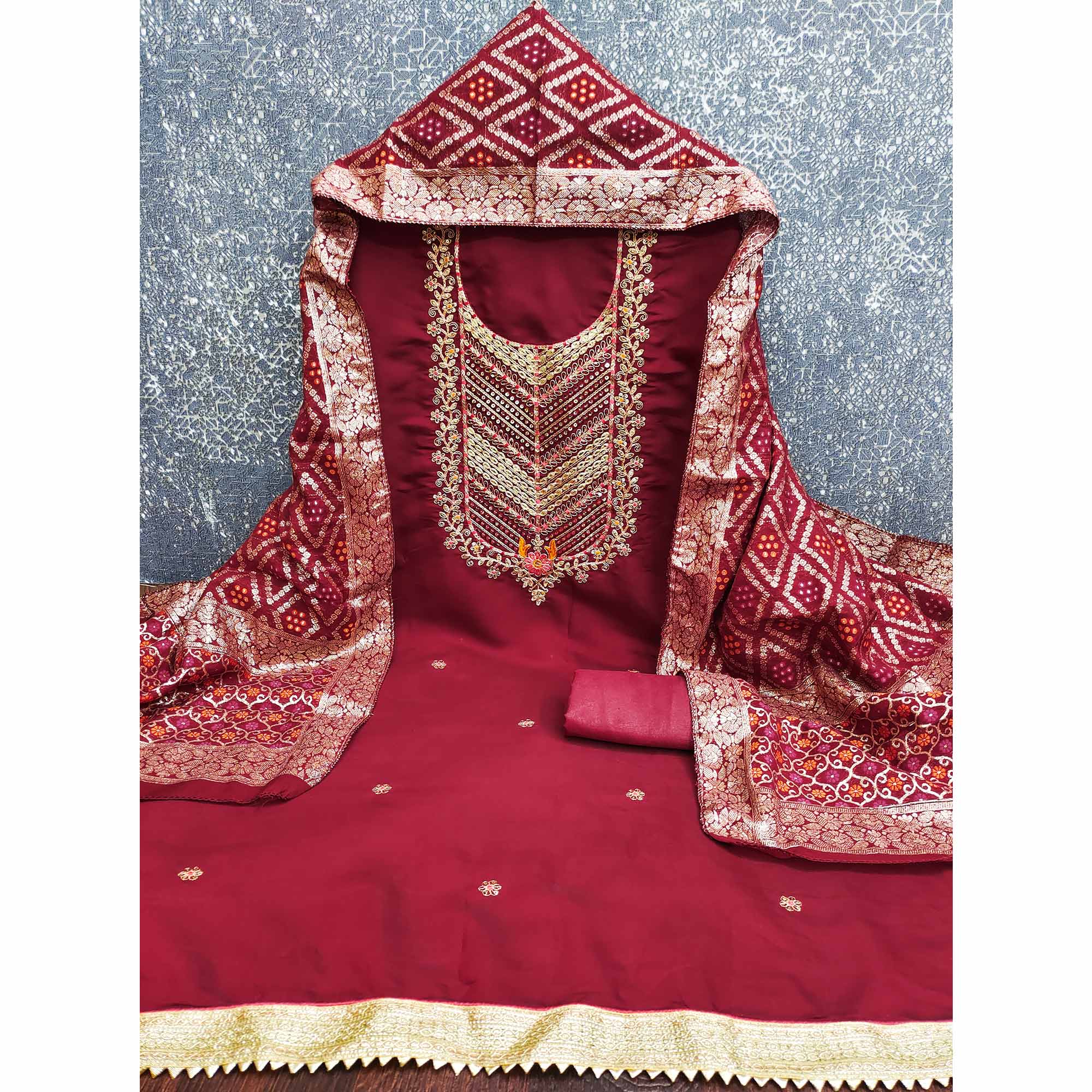 Maroon Silk Blend Dress Material Adorned With Floral Cording Embroidery & Elegant Sequins Work