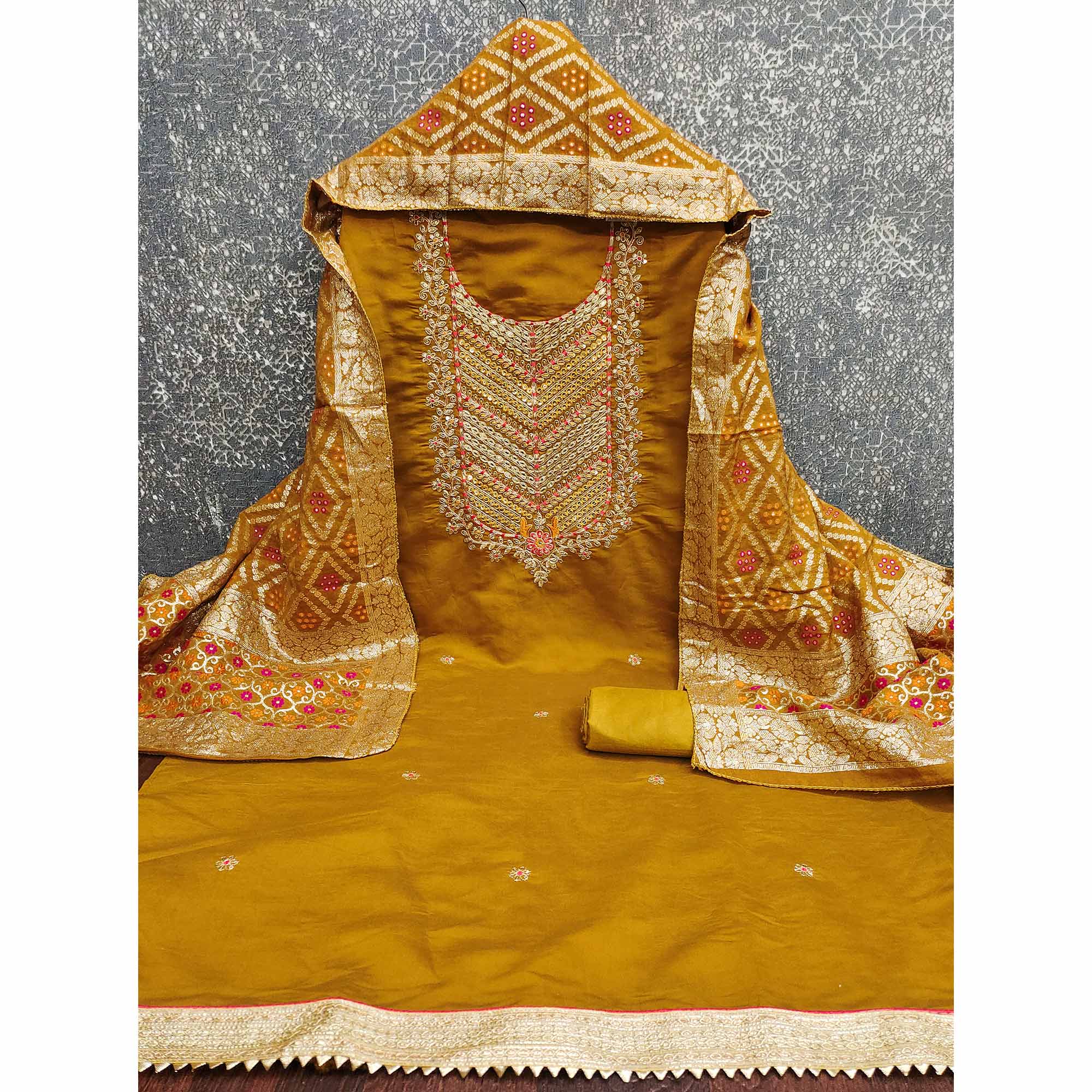 Mustard Silk Blend Dress Material Adorned With Floral Cording Embroidery & Elegant Sequins Work