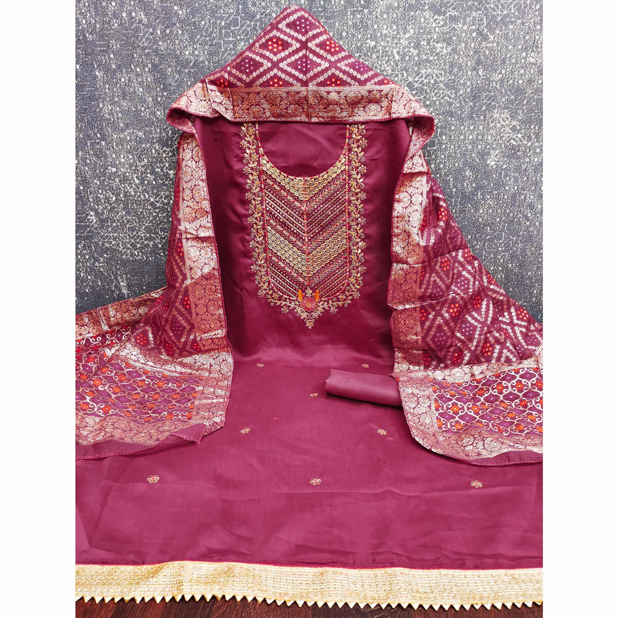 Pink Silk Blend Dress Material Adorned With Floral Cording Embroidery & Elegant Sequins Work