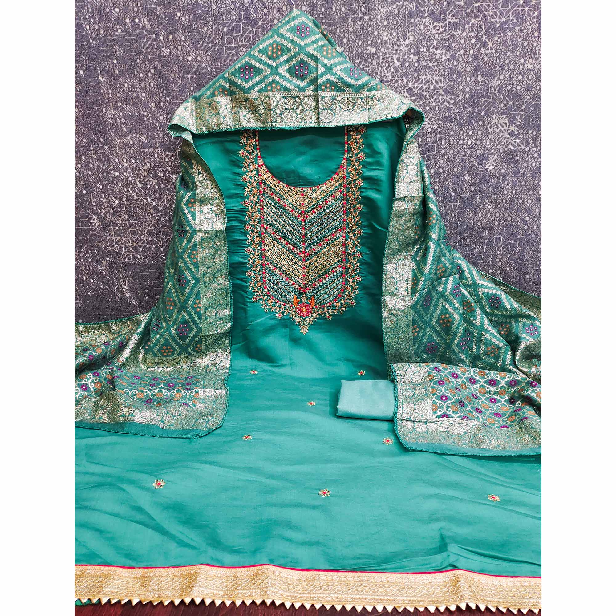 Turquoise Silk Blend Dress Material Adorned With Floral Cording Embroidery & Elegant Sequins Work