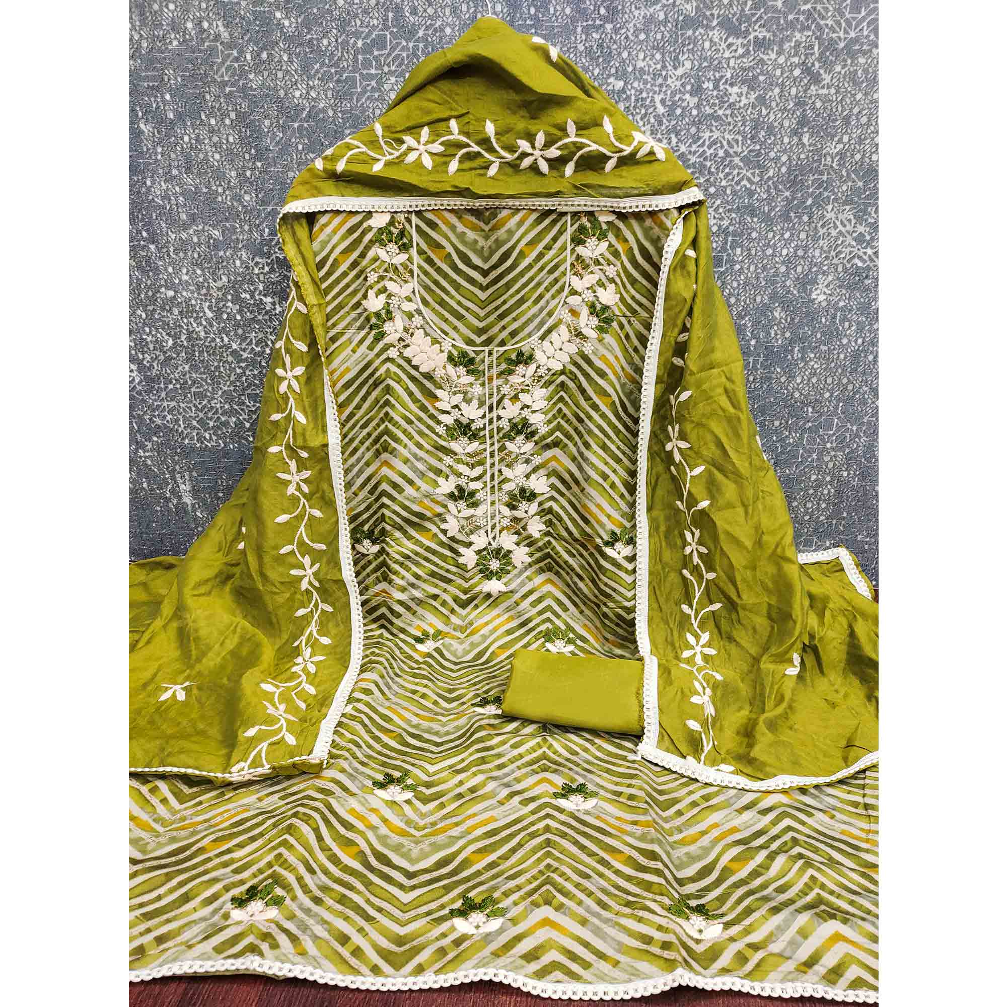 Exclusive Mehendi Green Floral Embroidered Silk Blend Dress Material With Artistic Zig Zag Print