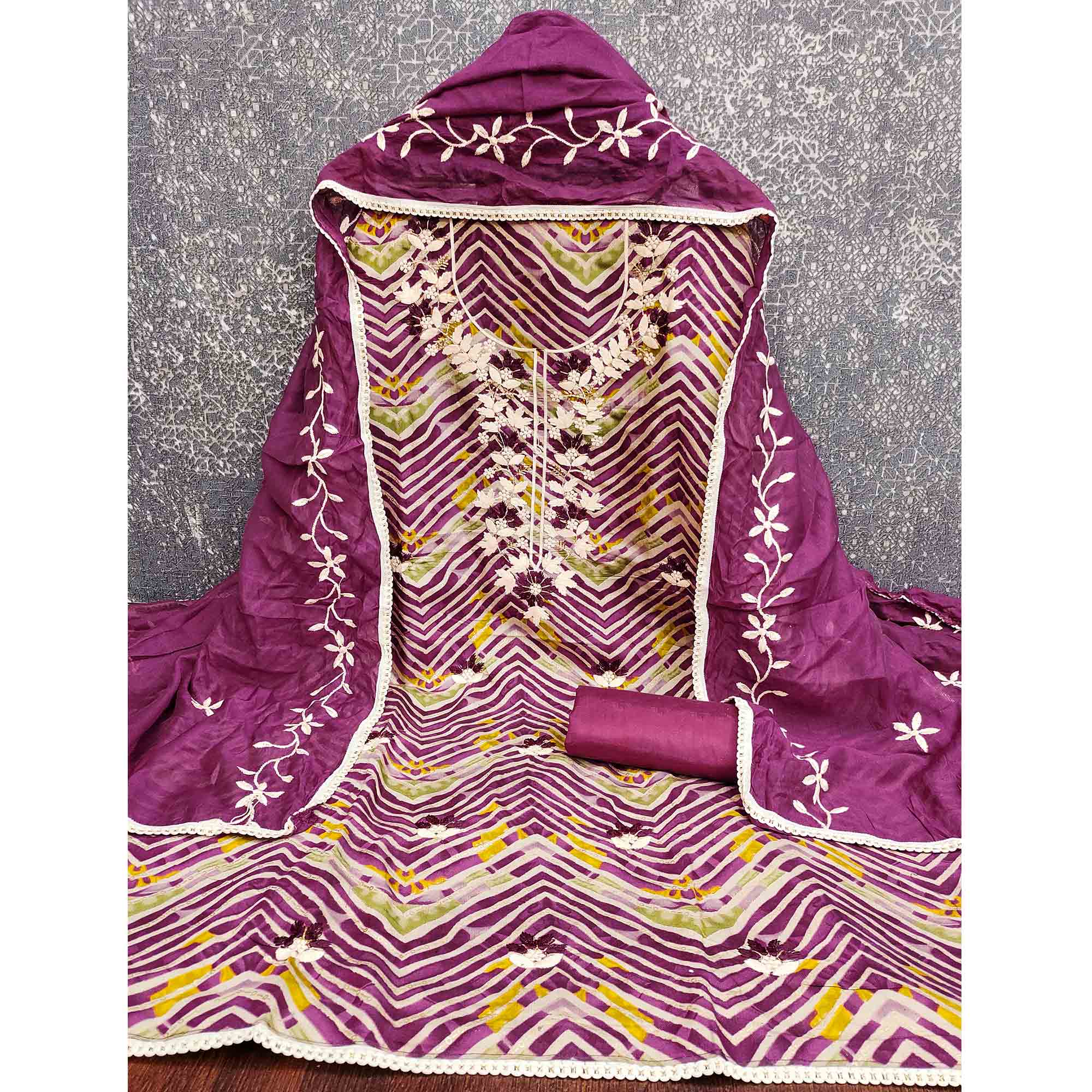 Exclusive Purple Floral Embroidered Silk Blend Dress Material With Artistic Zig Zag Print