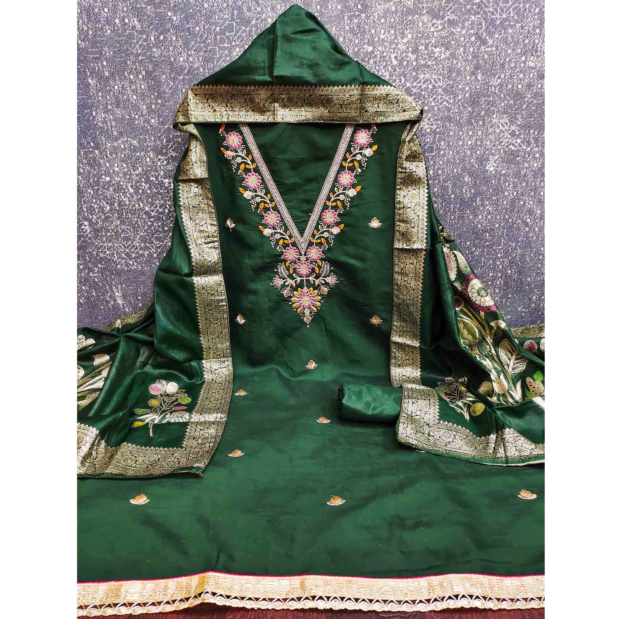 Exclusive Bottle Green Floral Cording Embroidered Silk Blend Dress Material With Luxe Sequins Work