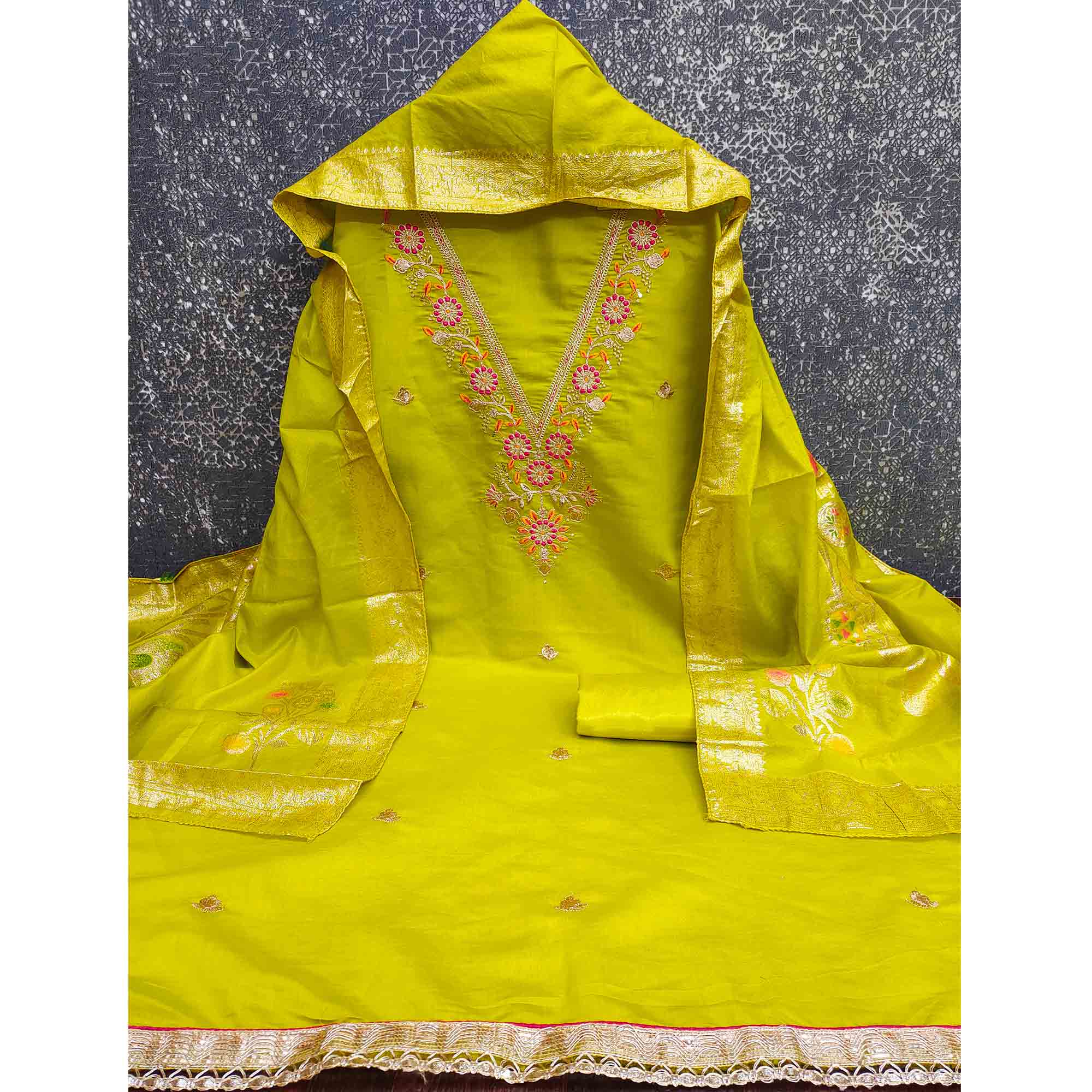 Exclusive Parrot Green Floral Cording Embroidered Silk Blend Dress Material With Luxe Sequins Work