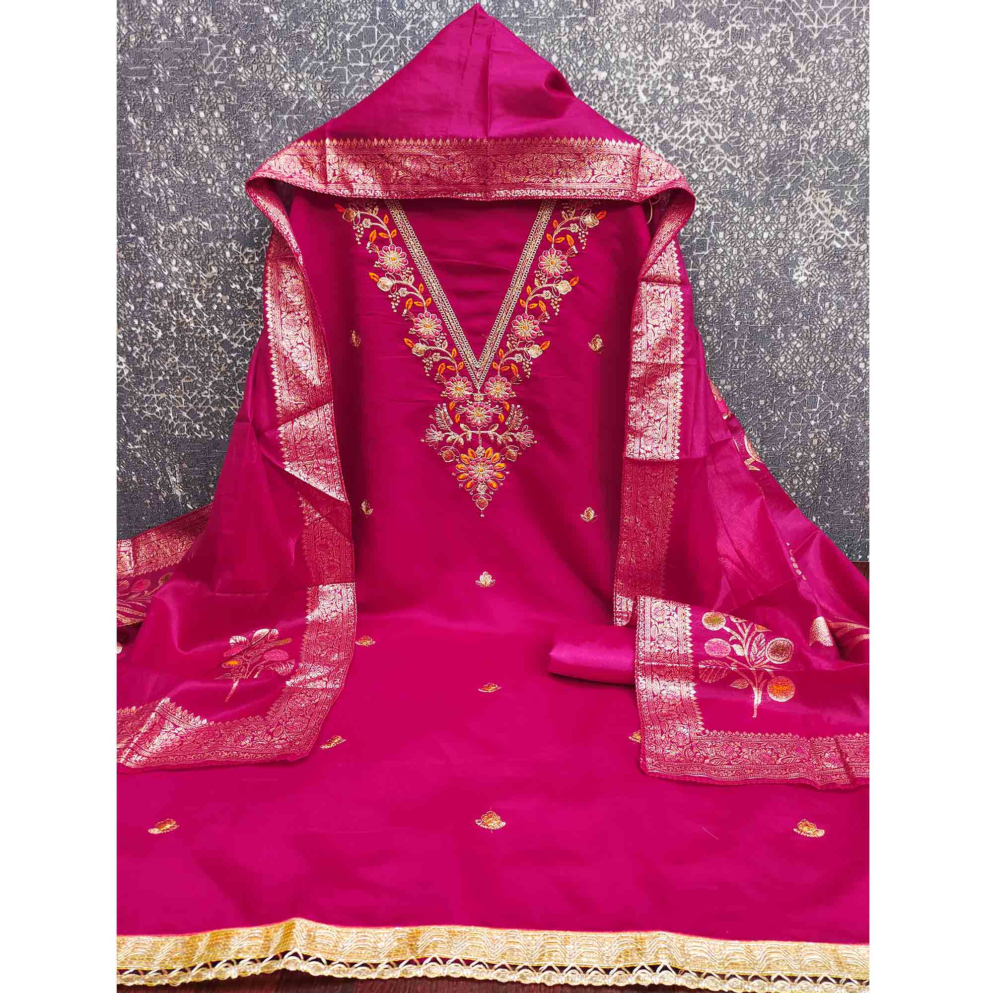 Exclusive Rani Pink Floral Cording Embroidered Silk Blend Dress Material With Luxe Sequins Work