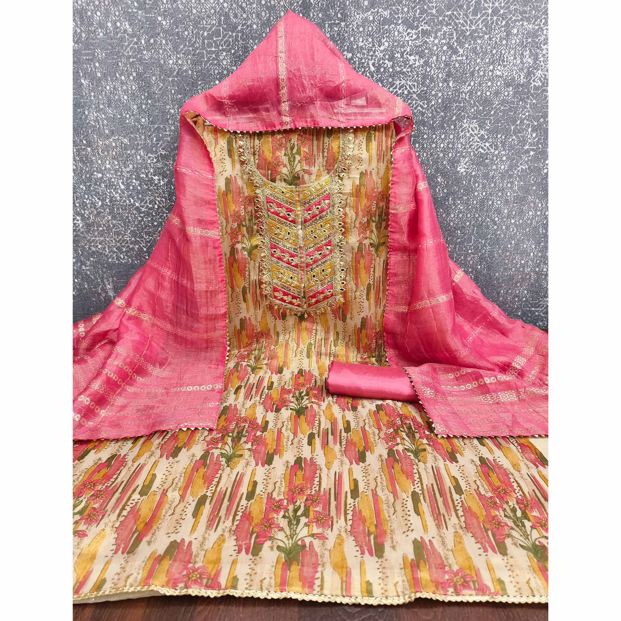 Pink Floral Digital Printed Shimmer Silk Dress Material With Elegant Embroidery & Gota Patti Work