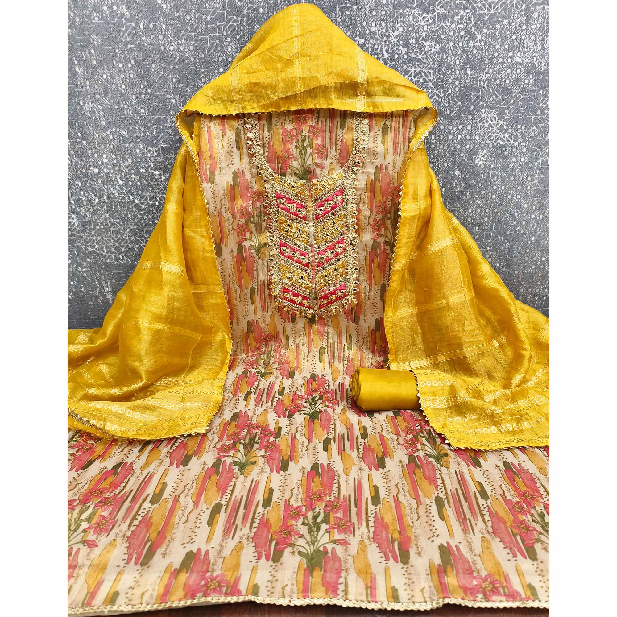 Yellow Floral Digital Printed Shimmer Silk Dress Material With Elegant Embroidery & Gota Patti Work