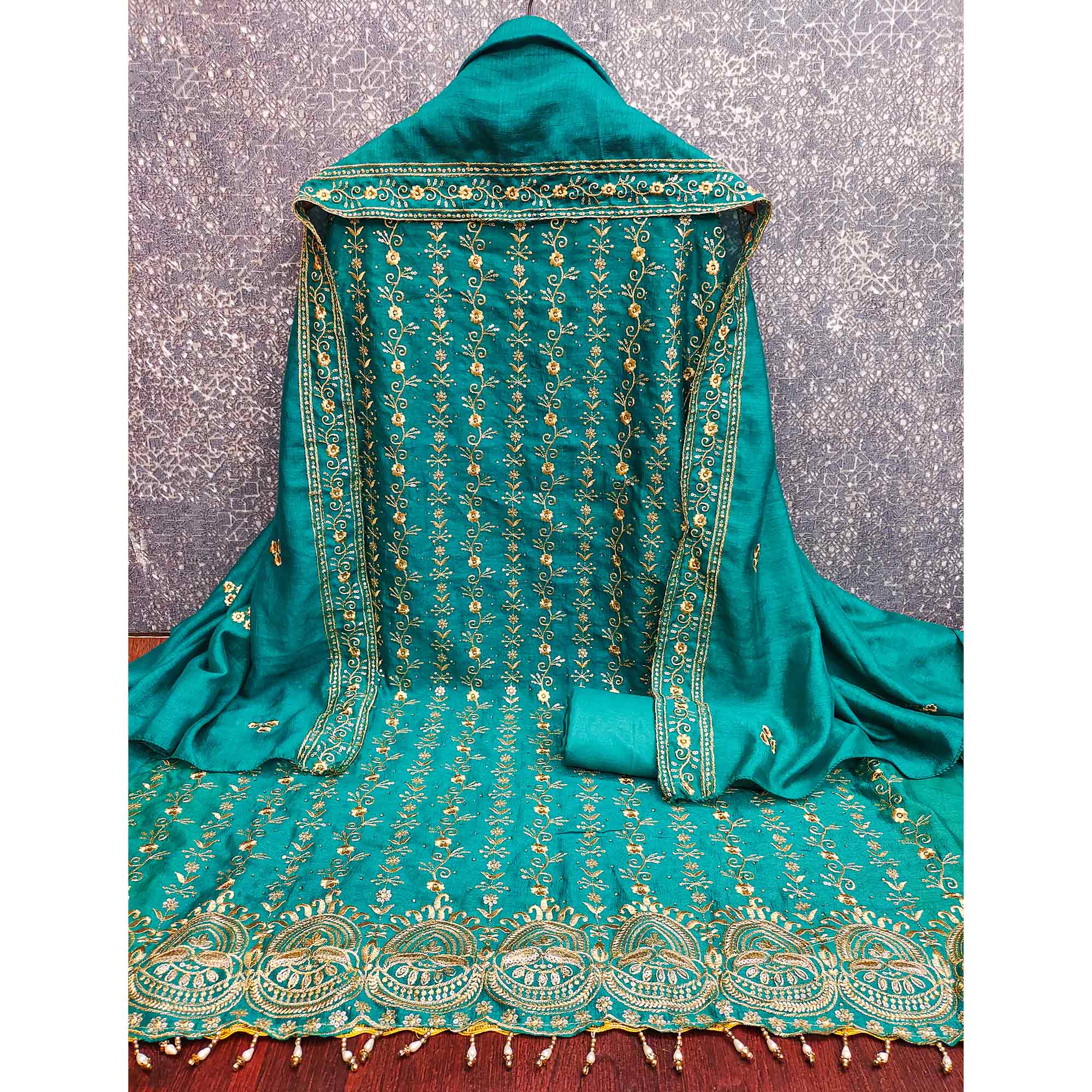 Rama Blue Floral Vichitra Silk Dress Material Adorned With Floral Embroidery & Swarovski Work