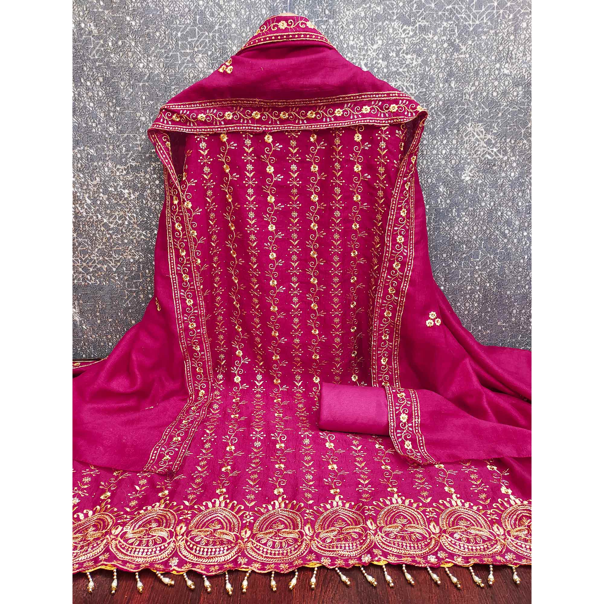 Rani Pink Floral Vichitra Silk Dress Material Adorned With Floral Embroidery & Swarovski Work