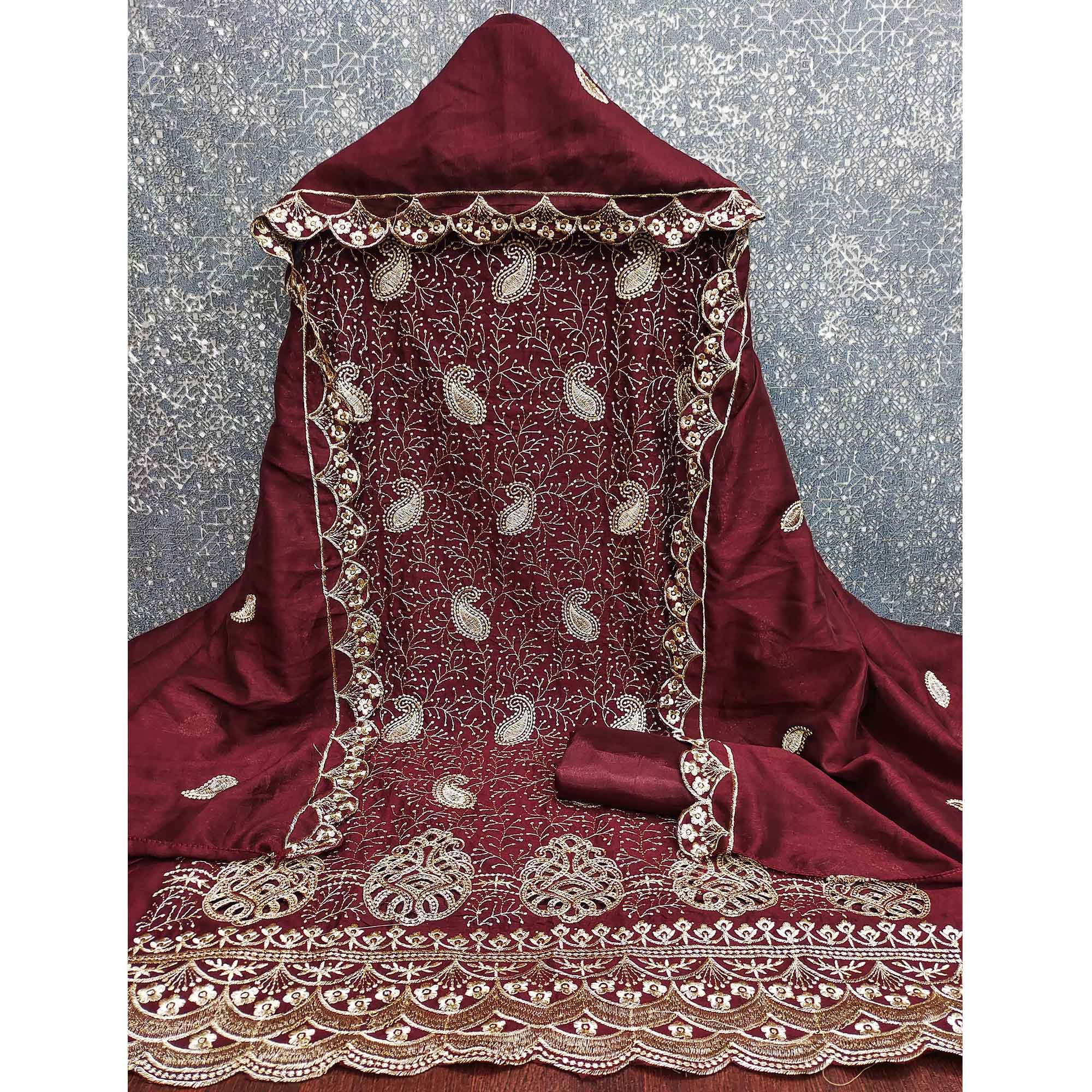 Maroon Vichitra Silk Dress Material Showcasing Paisley & Floral Embroidery With Swarovski