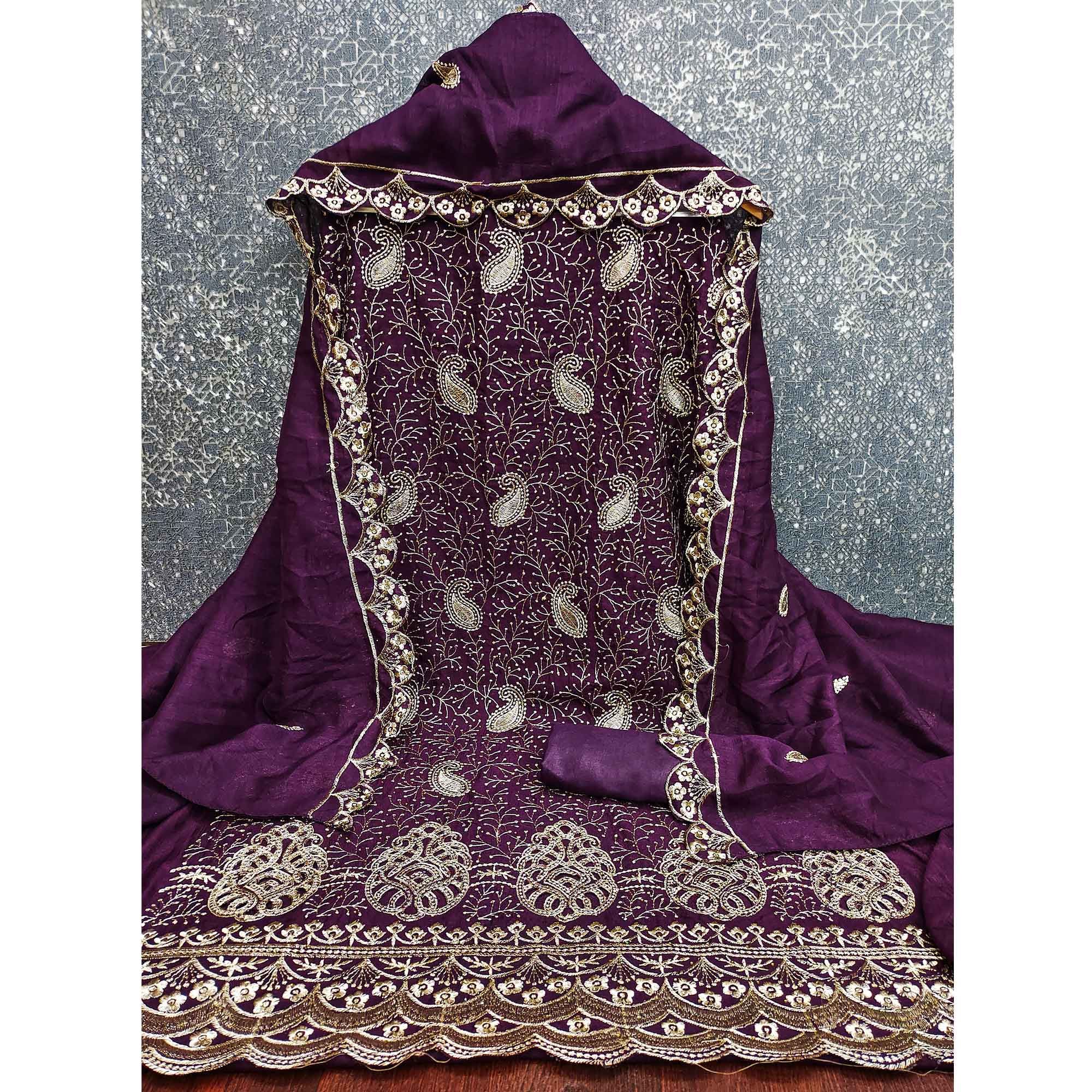 Purple Vichitra Silk Dress Material Showcasing Paisley & Floral Embroidery With Swarovski