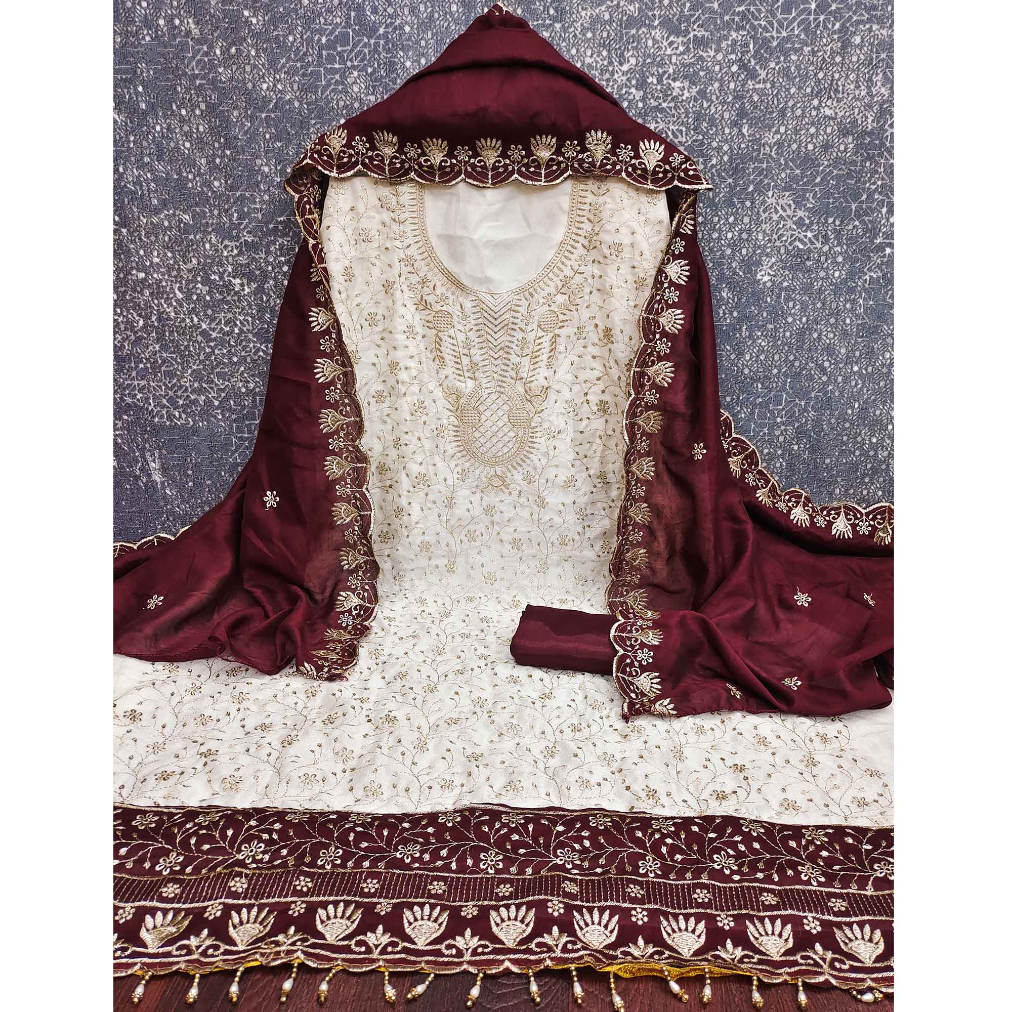 Chic OffWhite & Maroon Vichitra Silk Dress Material Adorned With Floral Embroidery
