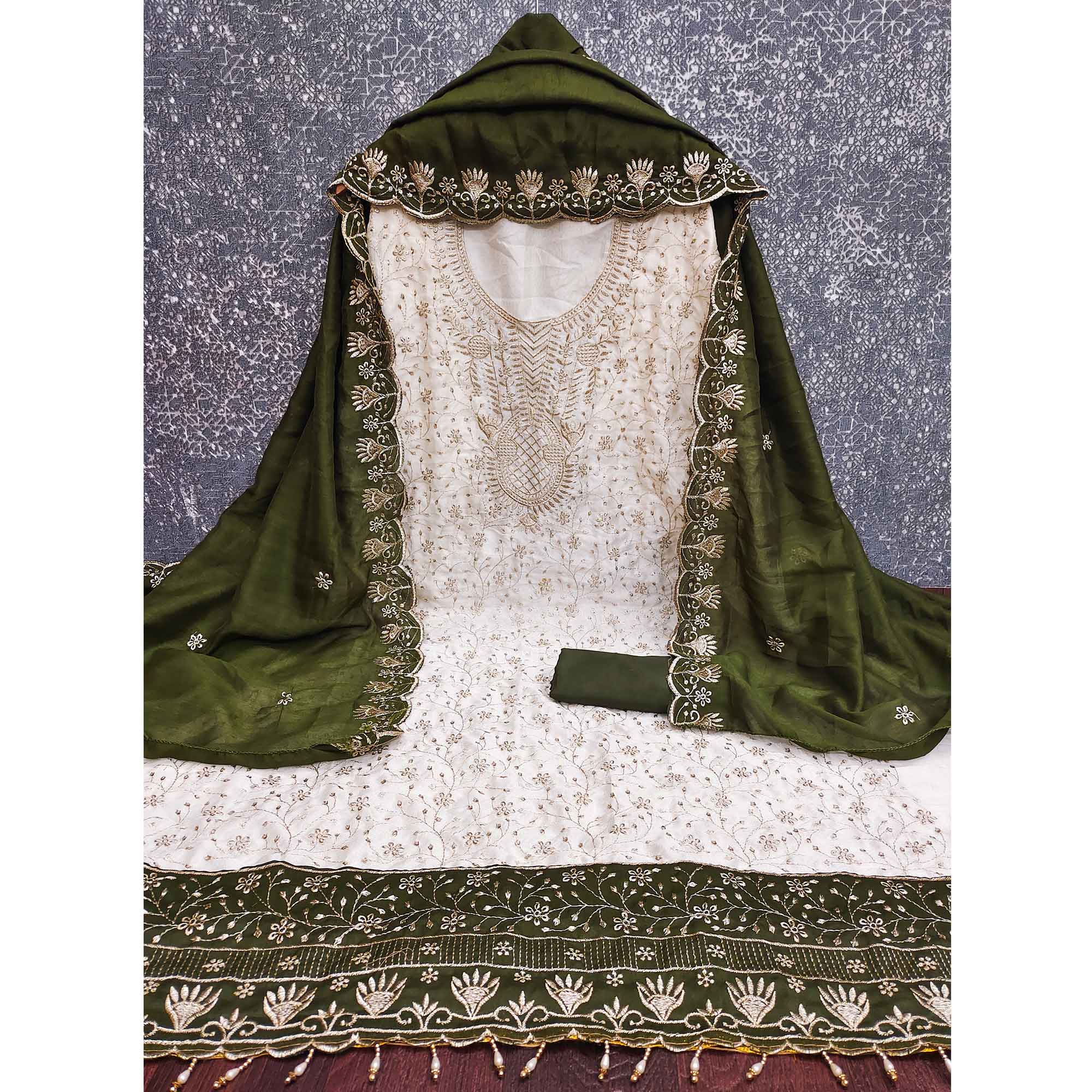Chic OffWhite & Mehendi Green Vichitra Silk Dress Material Adorned With Floral Embroidery