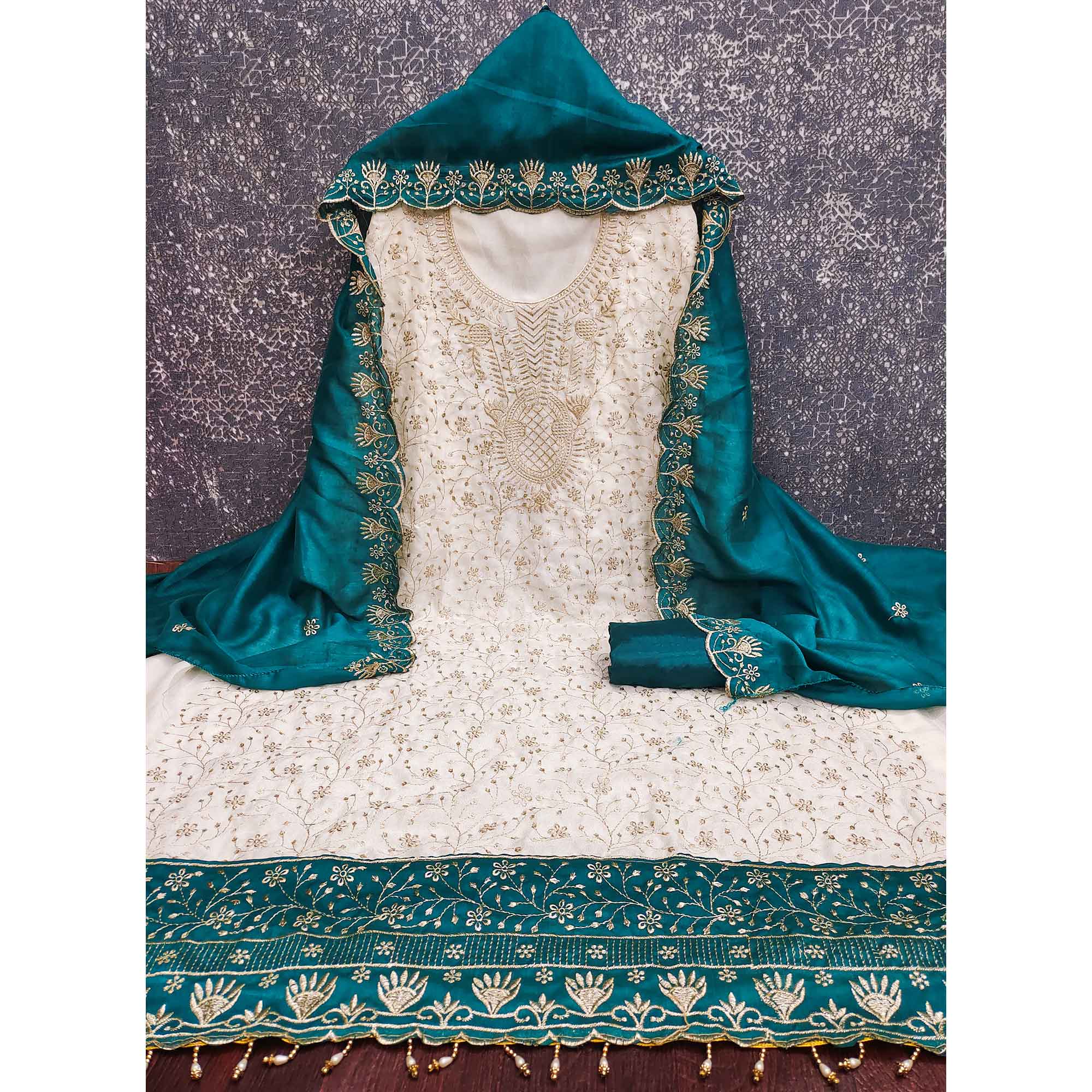 Chic OffWhite & Rama Blue Vichitra Silk Dress Material Adorned With Floral Embroidery