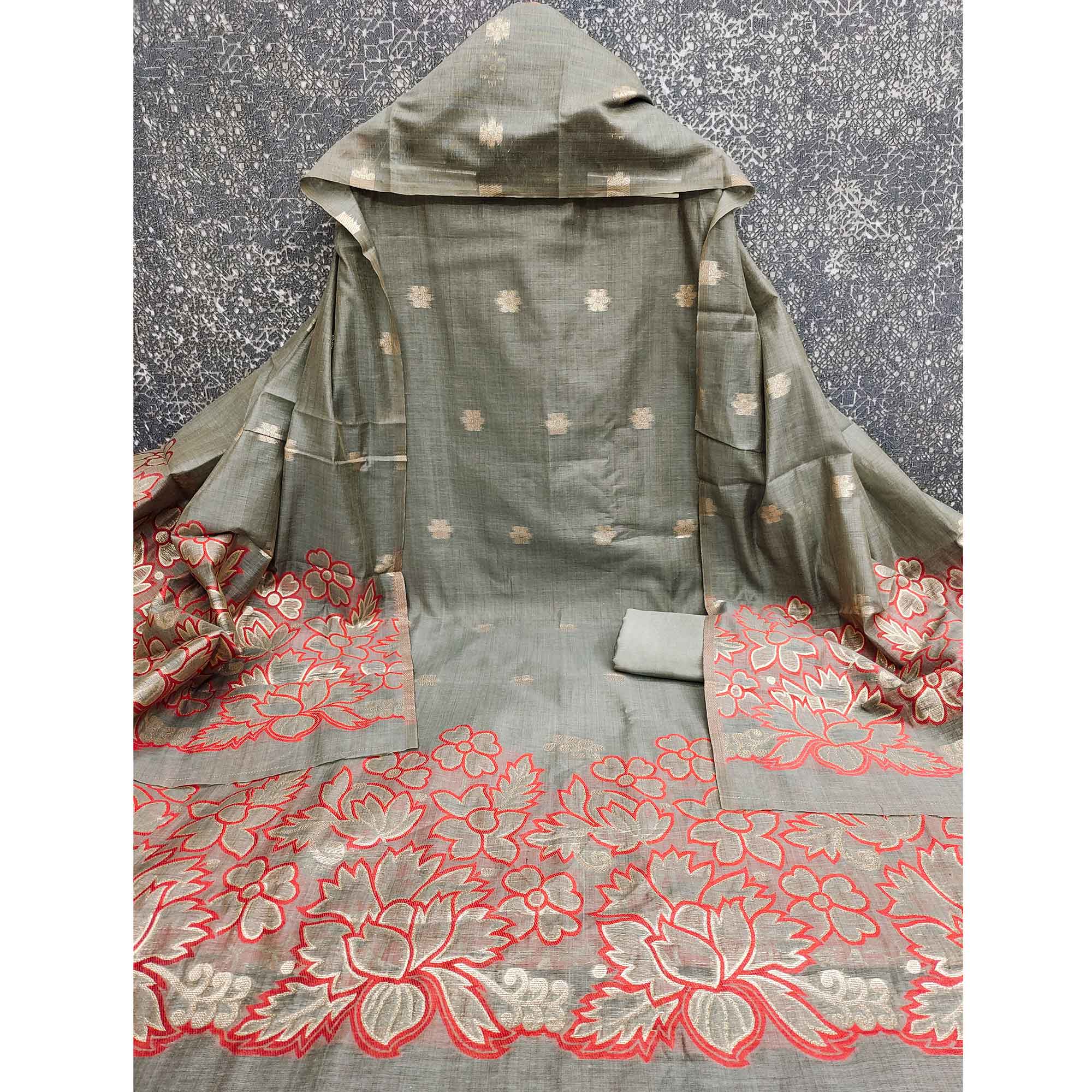 Graceful Grey Jamdani Art Silk Dress Material Adorned With Intricate Floral Weaving Work