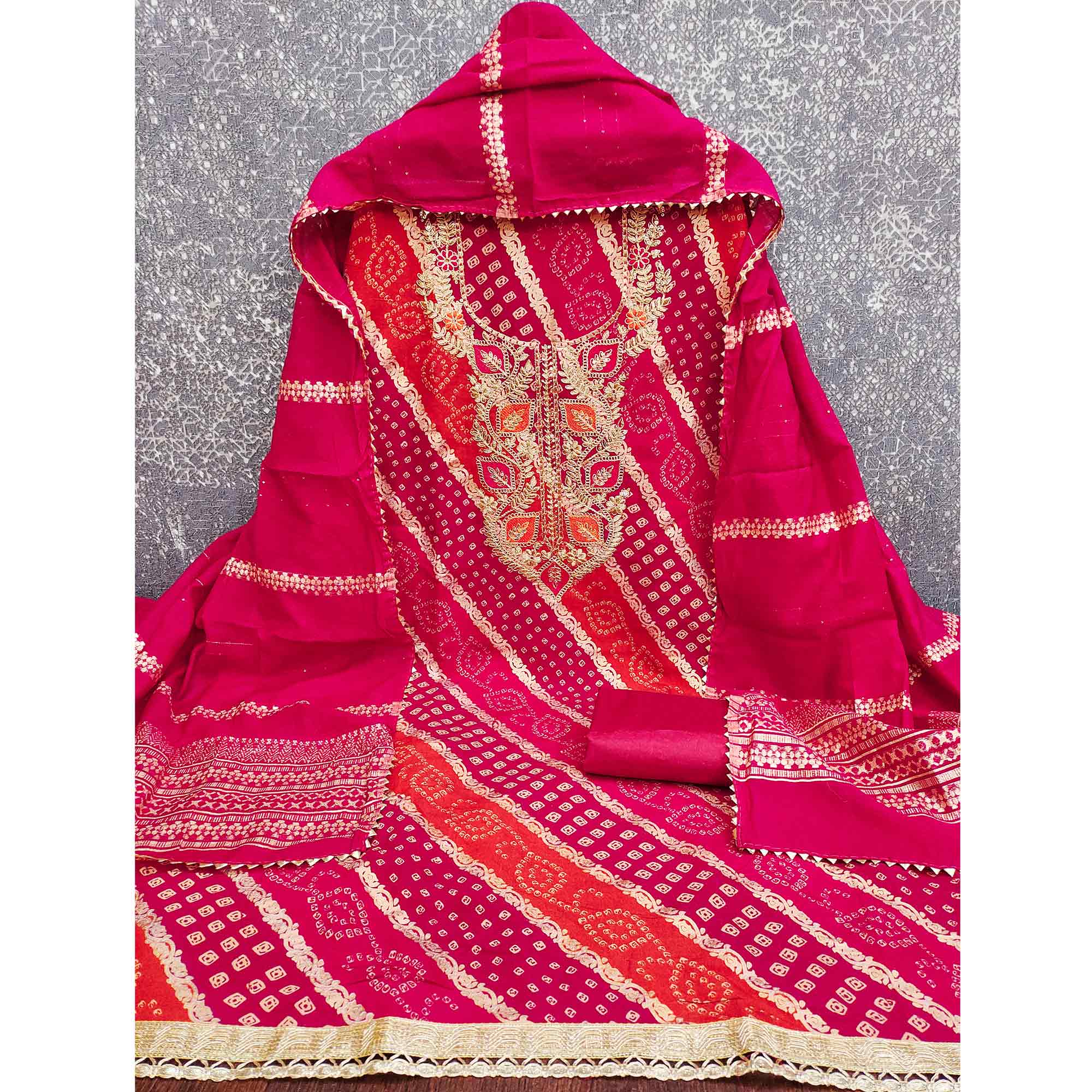 Classic Rani Pink Roman Art Silk Dress Material With Bandhani Prints & Floral Cording Embroidery