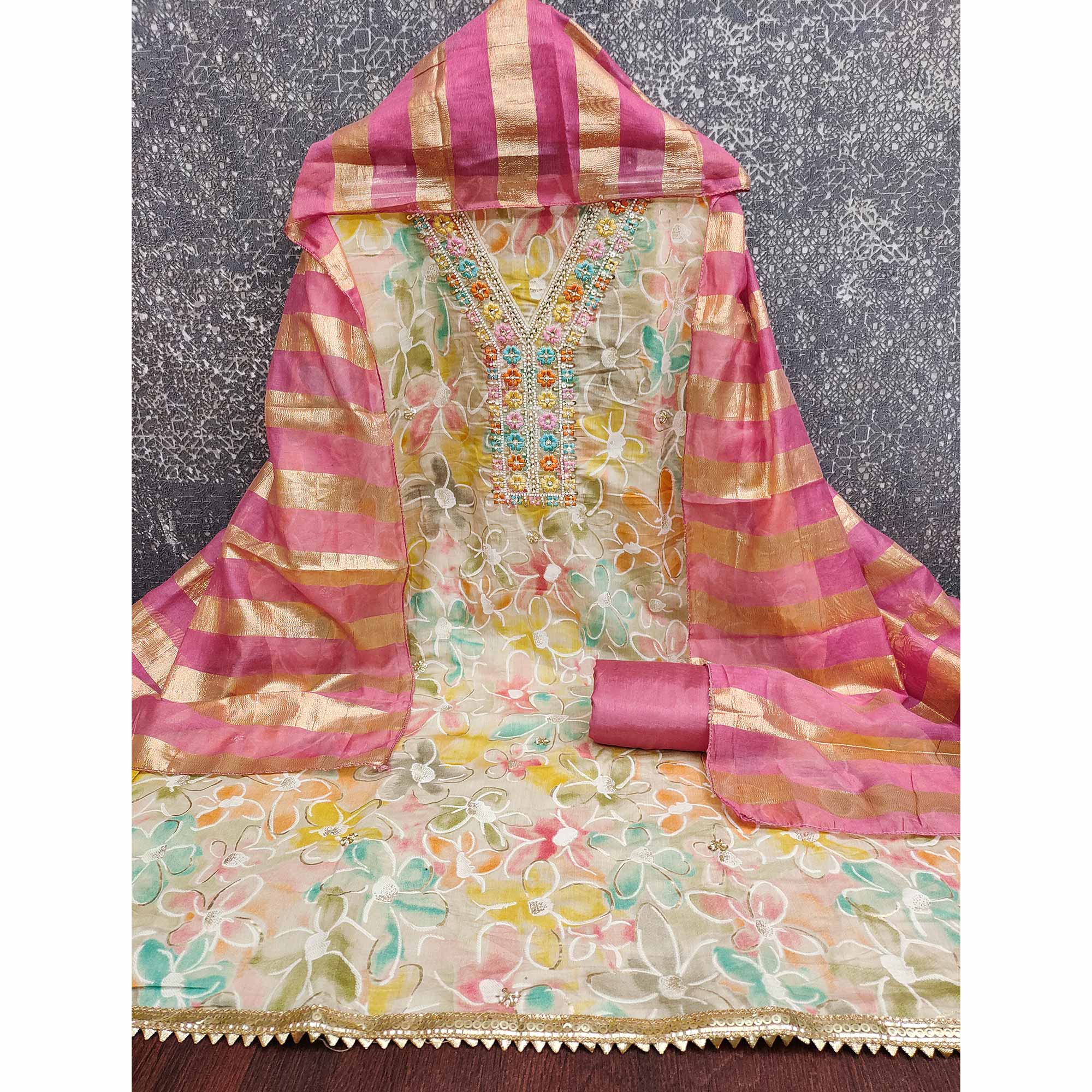 Vibrant Pink Floral Printed Roman Art Silk Dress Material Adorned With Sparkling Beads & Sequins